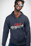 Man wearing navy 314 Originals zip-up hoodie with red and white logo, styled with sunglasses for streetwear look