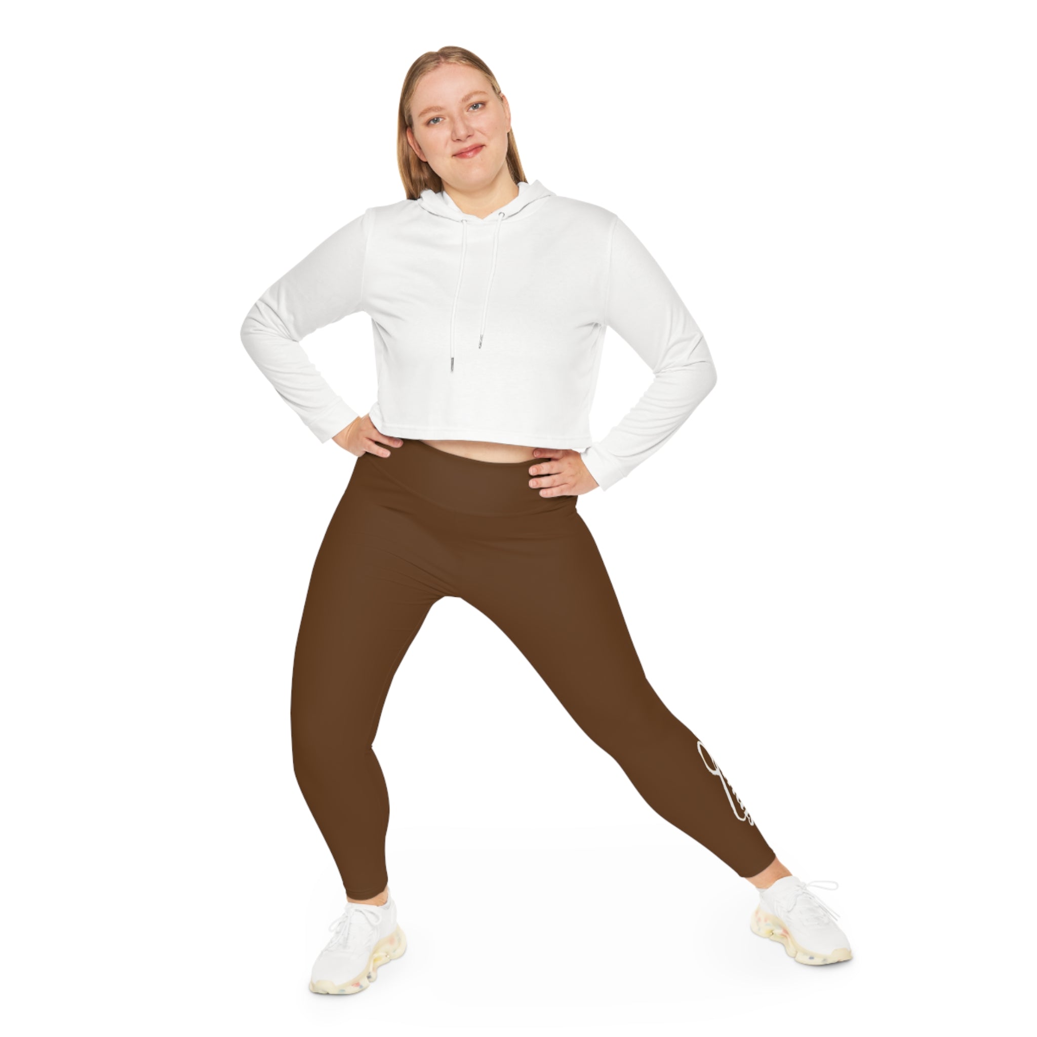 Brown Plus Size Leggings — Subtle Side Script Graphic, Comfortable Everyday Activewear - 314 Originals