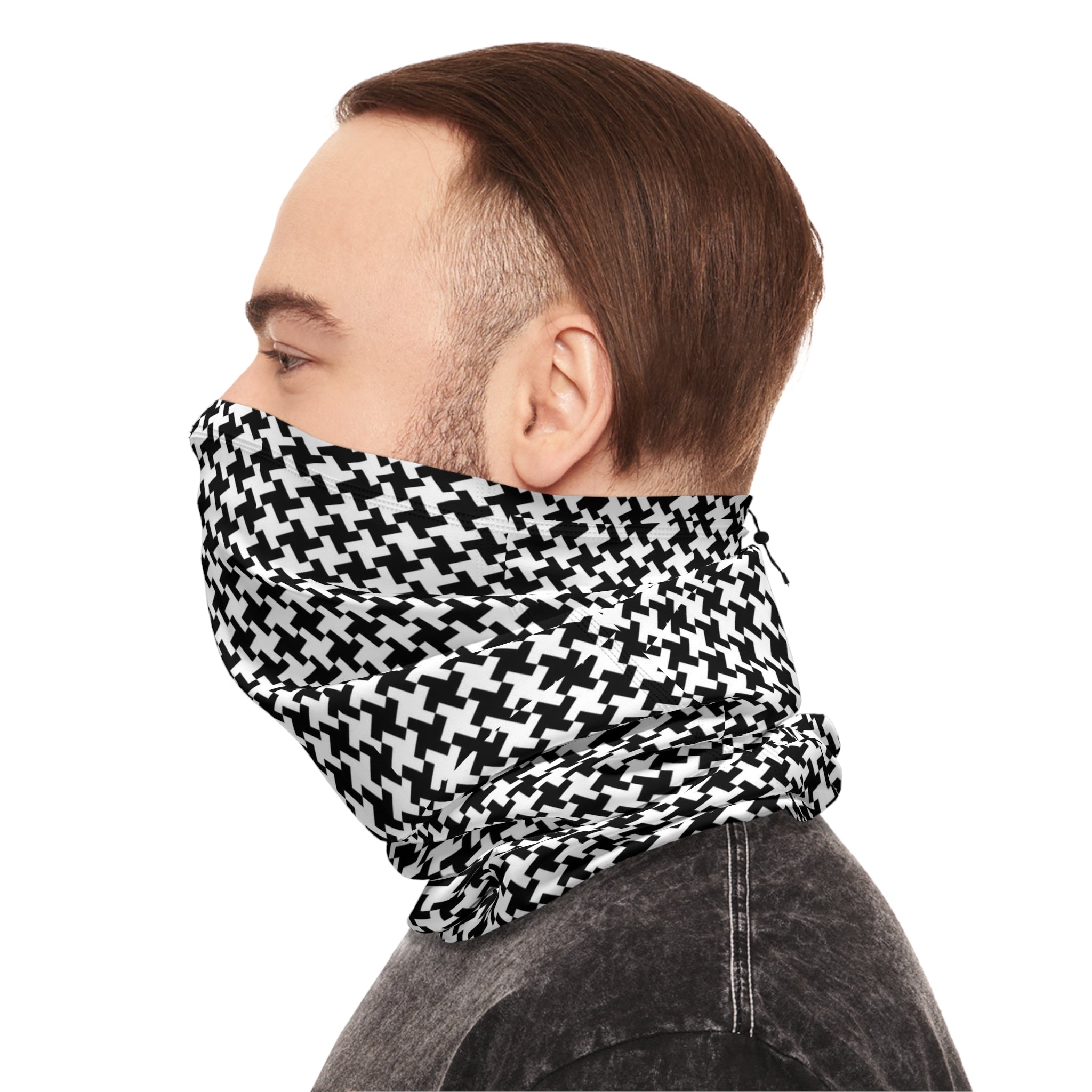Houndstooth Winter Neck Gaiter with Drawstring — Cozy Black & White Face Scarf - 314 Originals