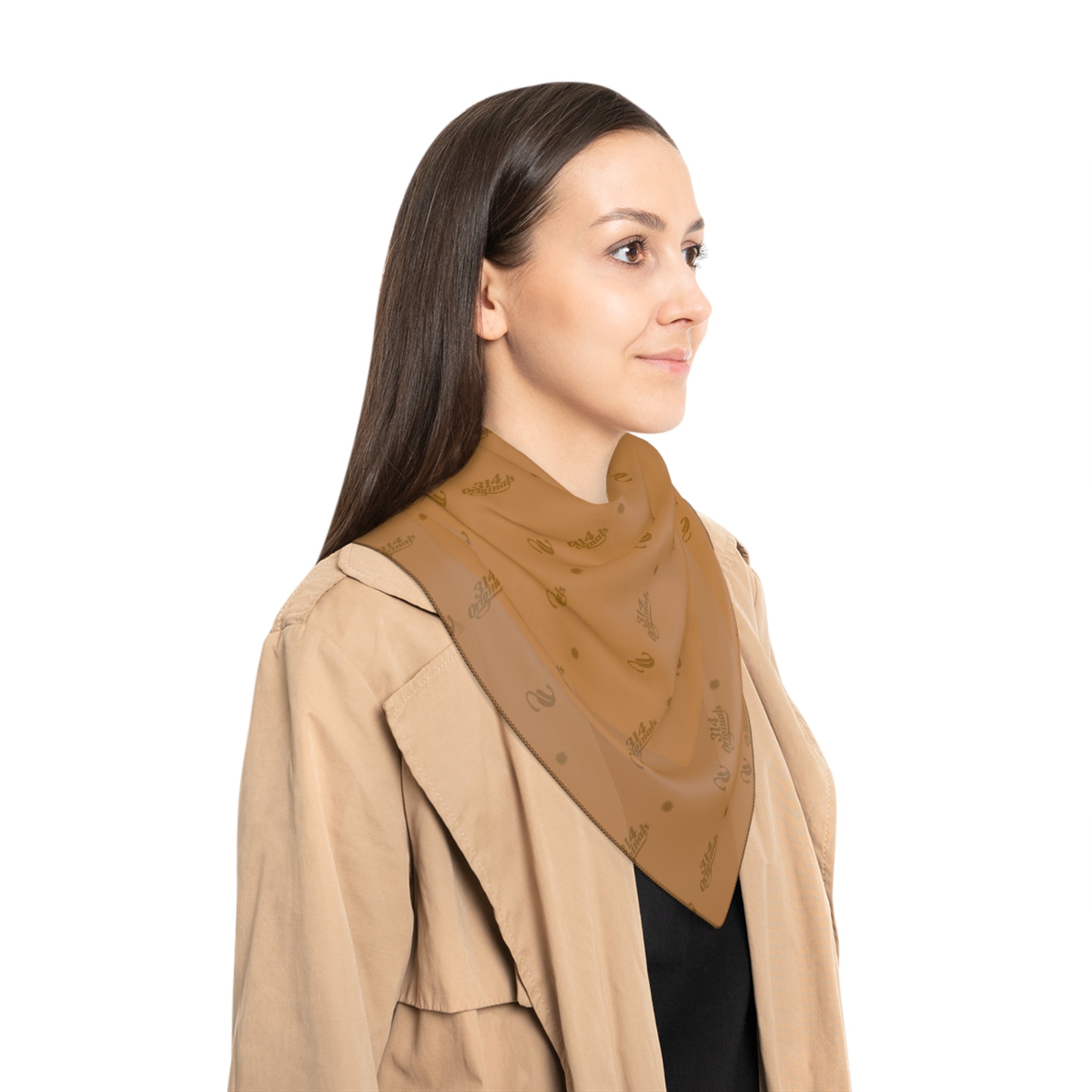 Silky Light Brown Logo Scarf — Gold Script Pattern Polyester Scarf - 314 Originals