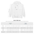 White zip-up hoodie size chart with measurements for Gildan 18600, including length, width, and sleeve length.