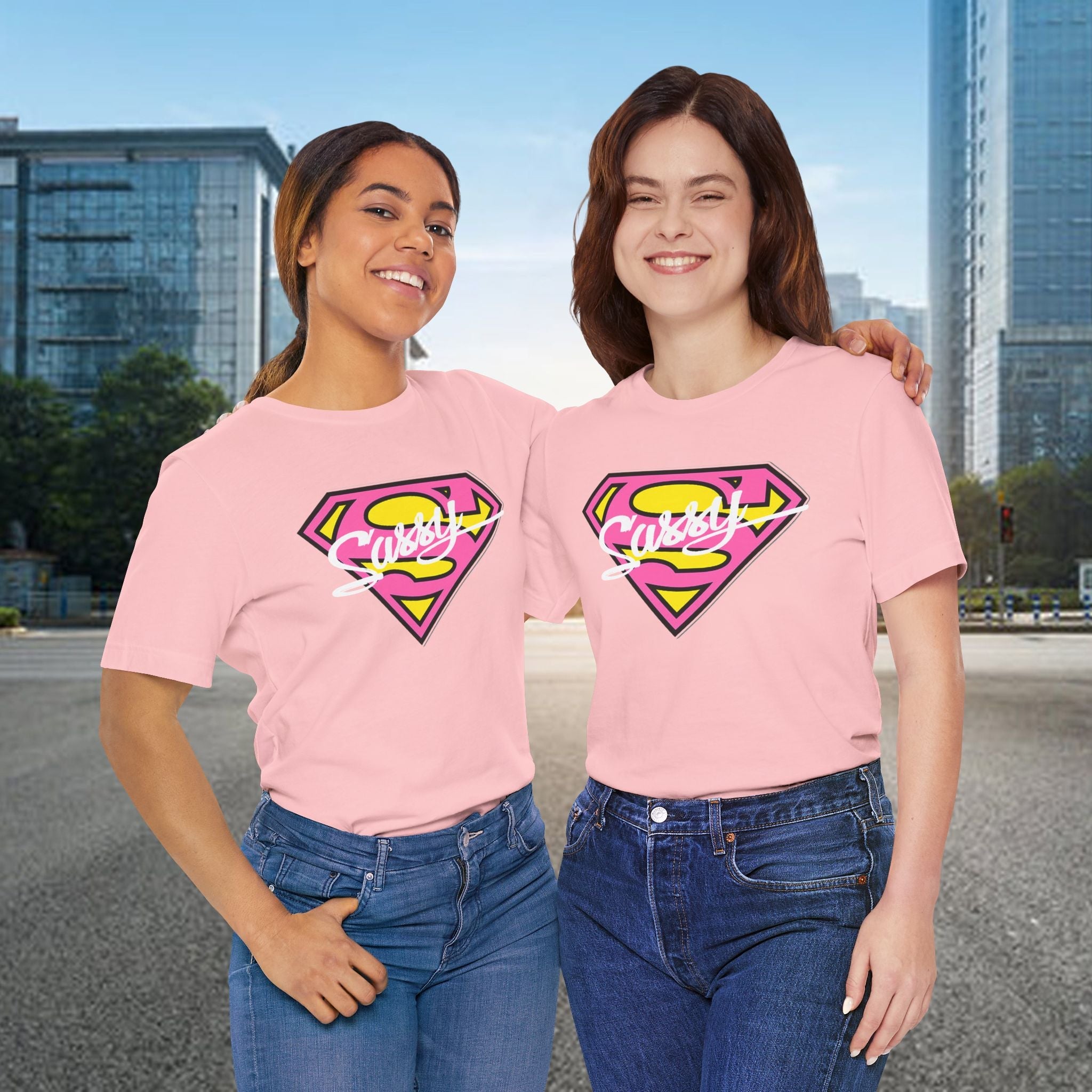 Super Sassy Tee — Pink & Yellow S Badge Graphic T-Shirt Printify T-Shirt  314 Originals