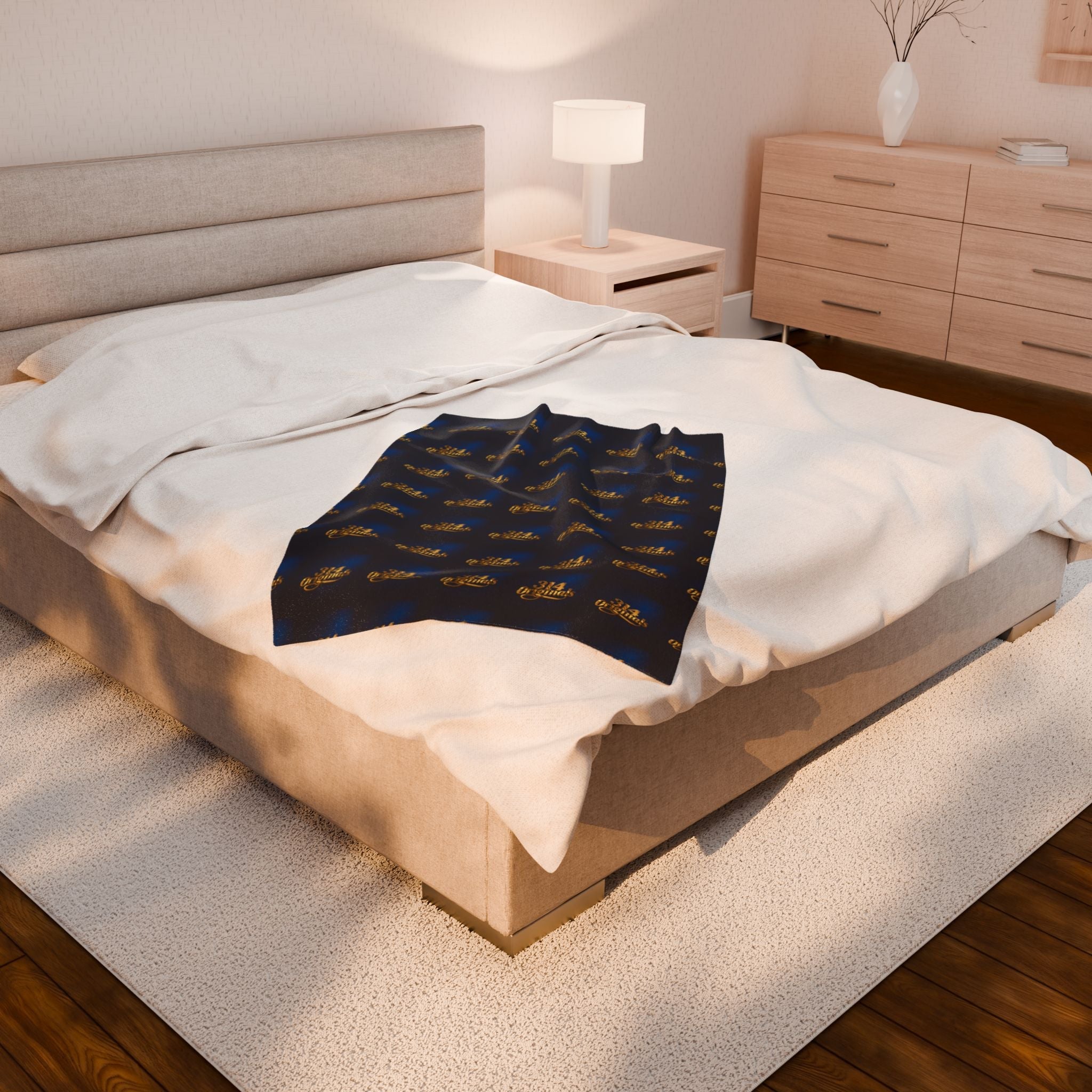 "314 Originals" Velveteen Plush Blanket – Navy Gold Repeating Logo Throw - 314 Originals
