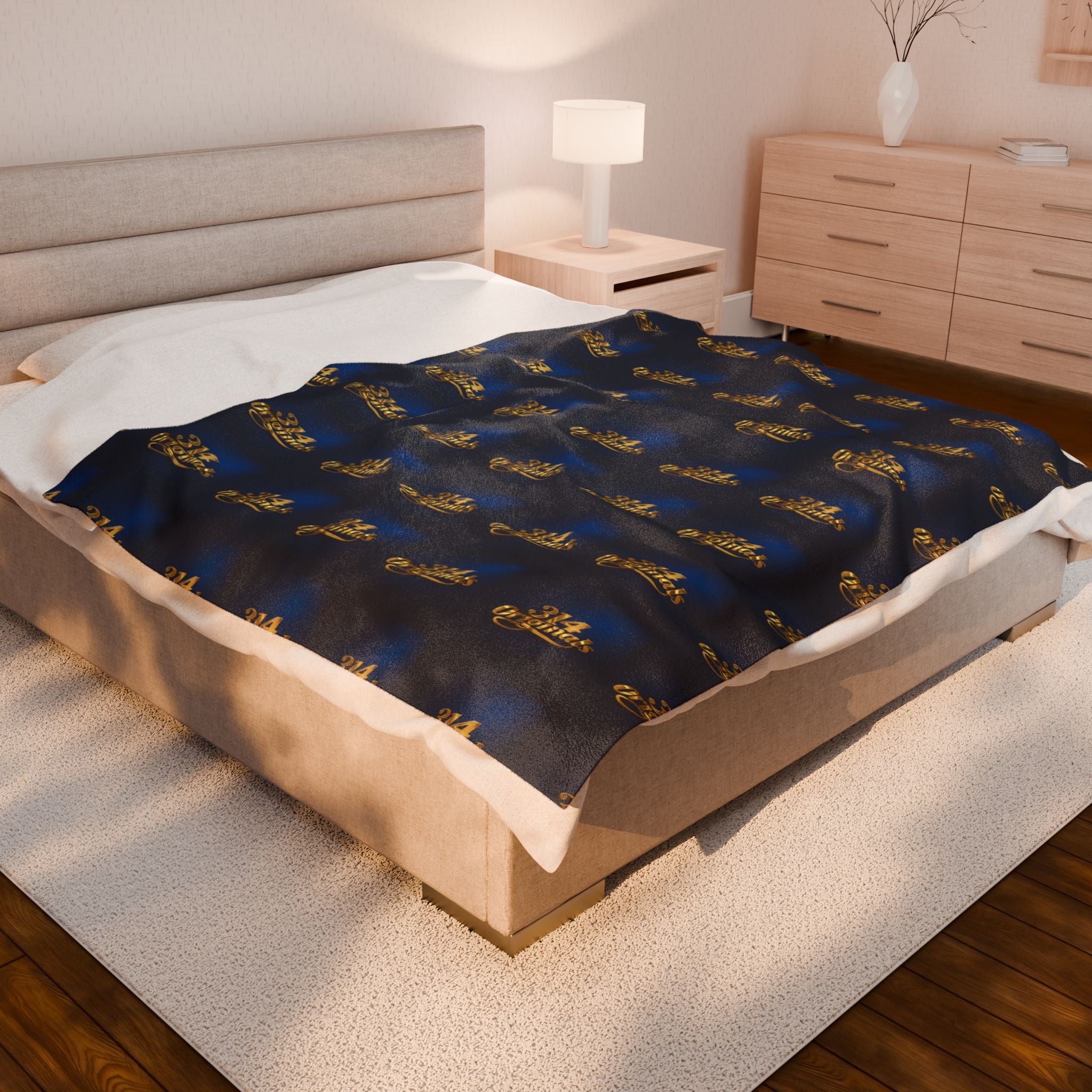 "314 Originals" Velveteen Plush Blanket – Navy Gold Repeating Logo Throw - 314 Originals