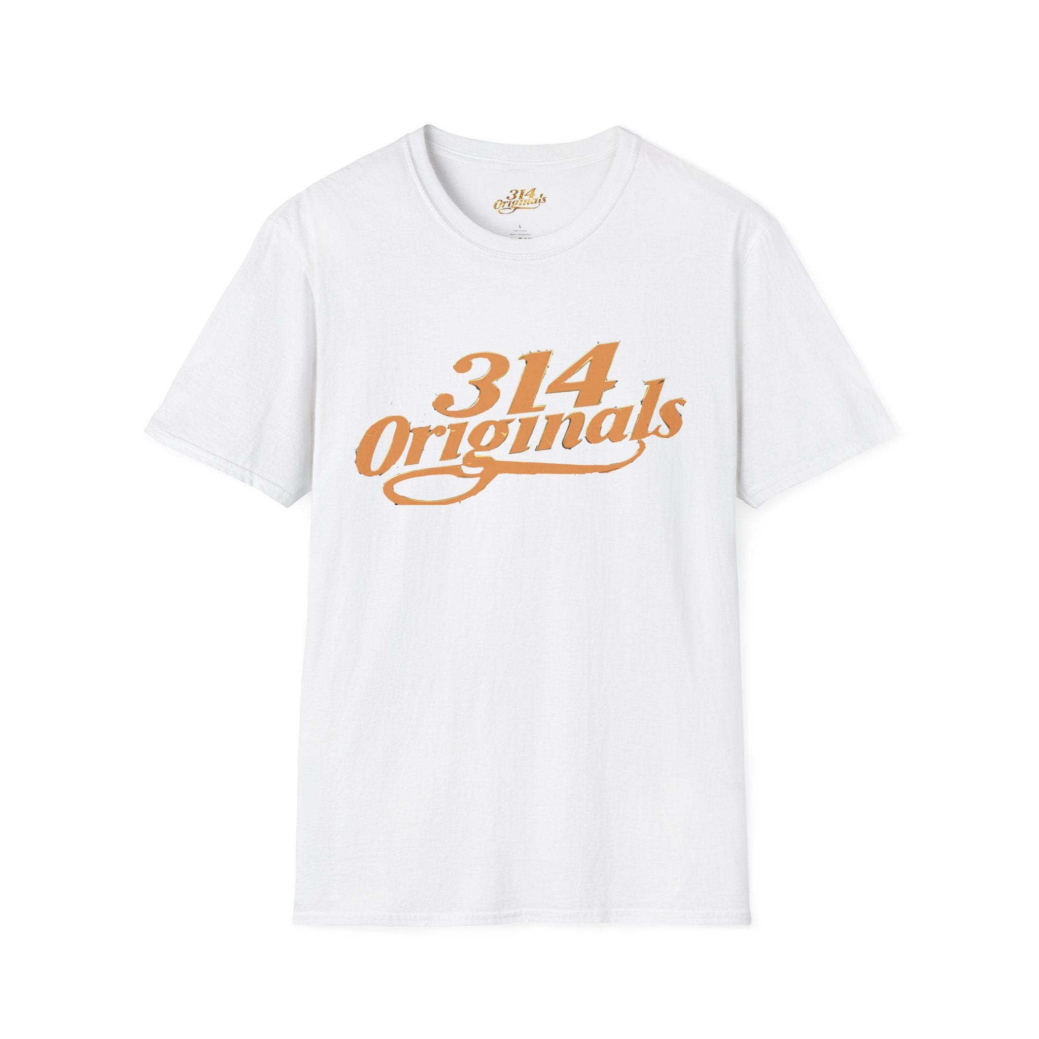 White t-shirt with '314 Originals' text in orange on a white background