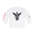 White long-sleeve shirt with angel wings graphic and red sleeve text, bold streetwear design