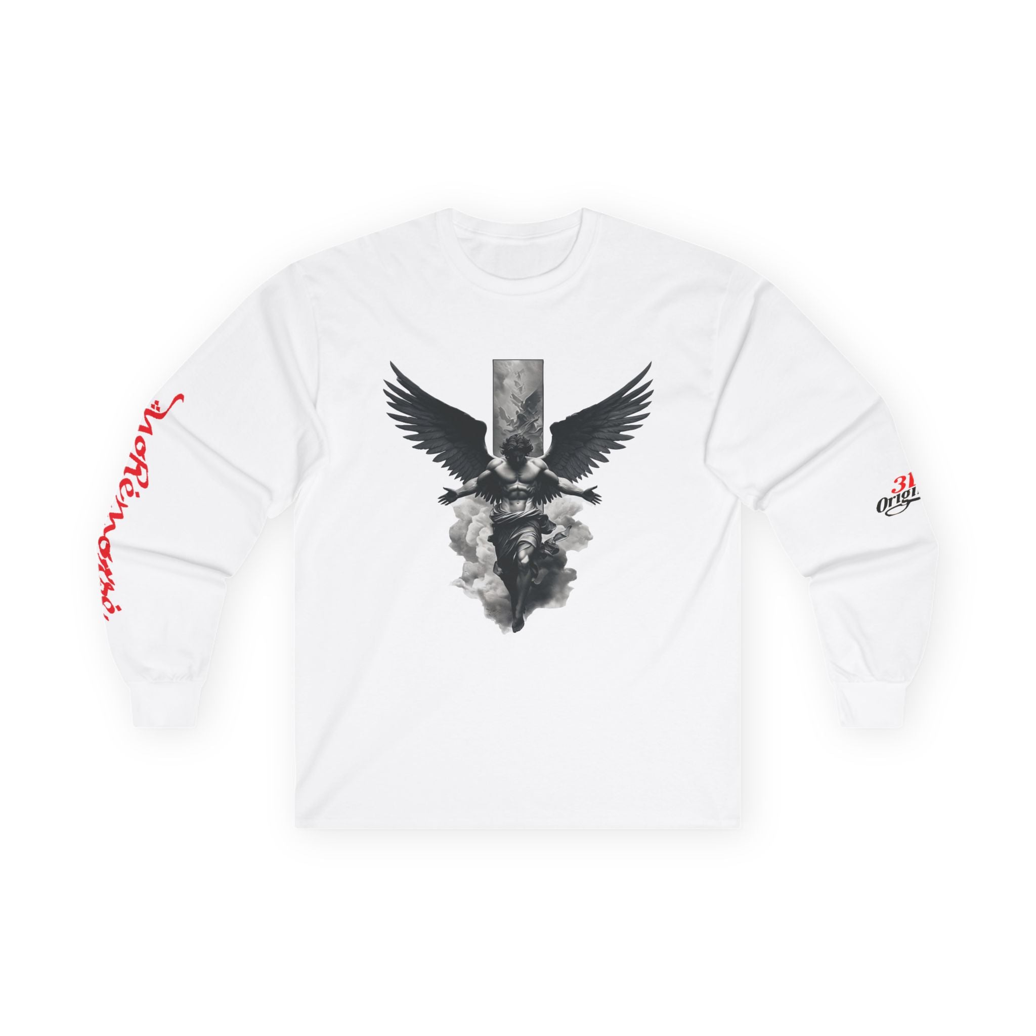 White long-sleeve shirt with angel wings graphic and red sleeve text, bold streetwear design