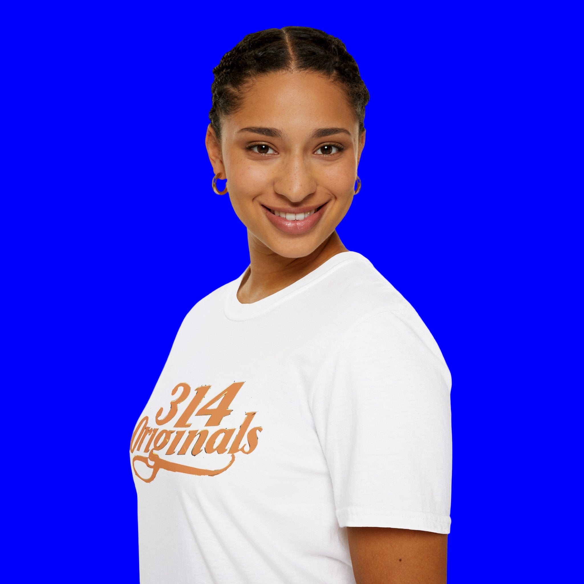 Person wearing a white t-shirt with '314 Originals' text on a white background