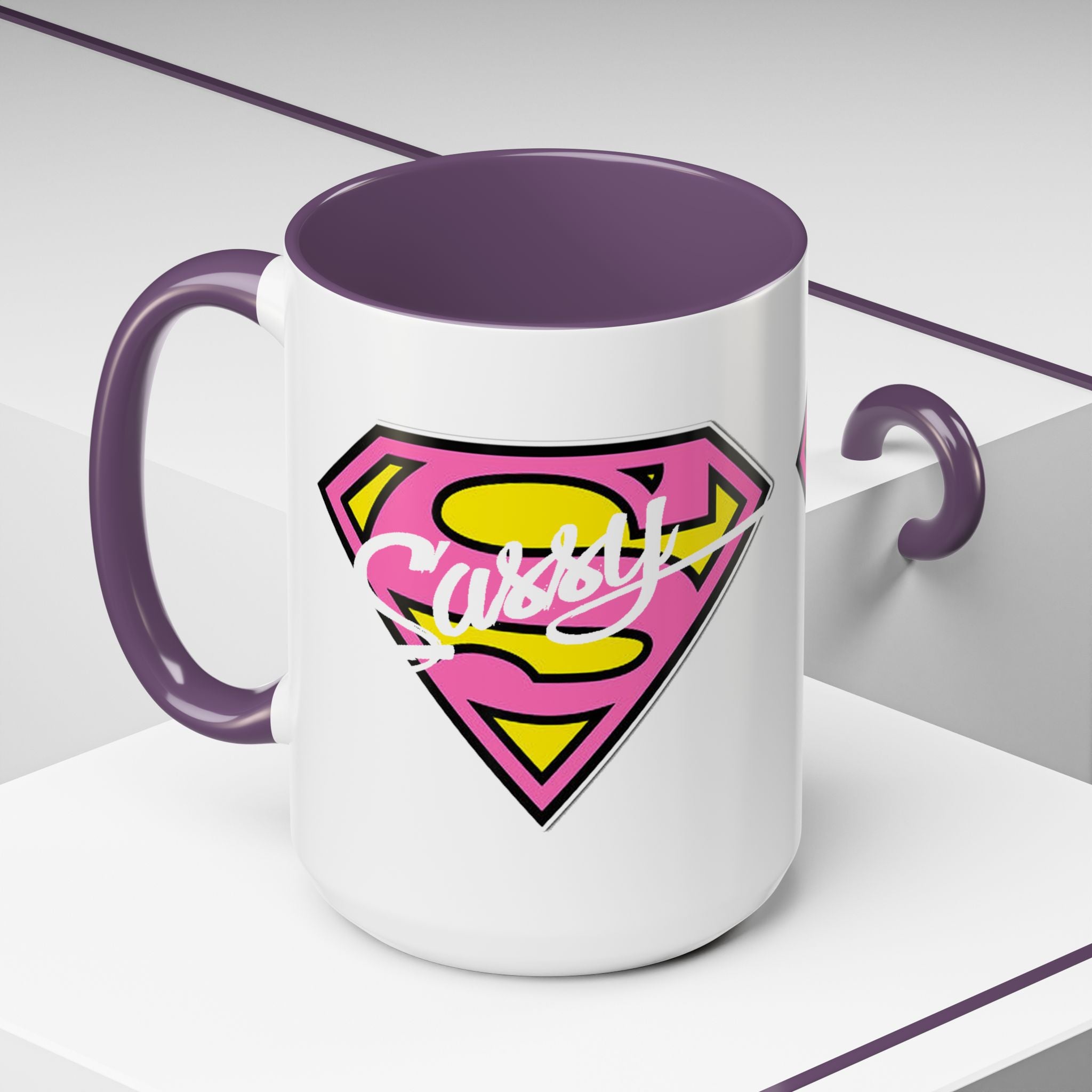 Sassy Supergirl Accent Coffee Mug – Pink & Yellow Super S Logo (11/15oz) - 314 Originals