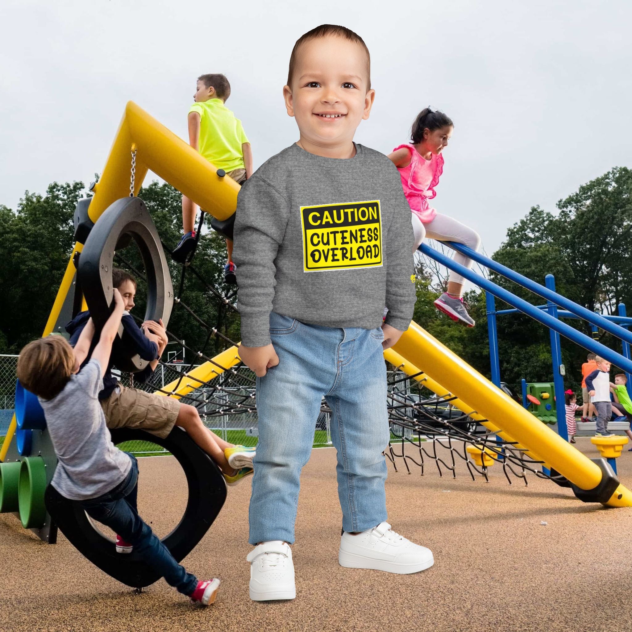 "Caution: Cuteness Overload" Kids Crewneck Toddler Sweatshirt