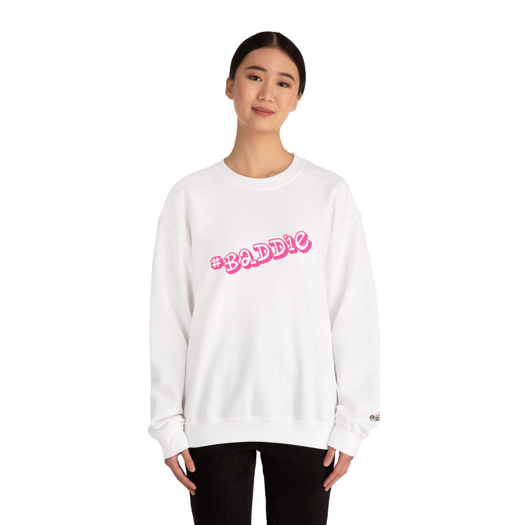 Baddie Pink Floral Logo White Crewneck Sweatshirt Printify Sweatshirt  314 Originals