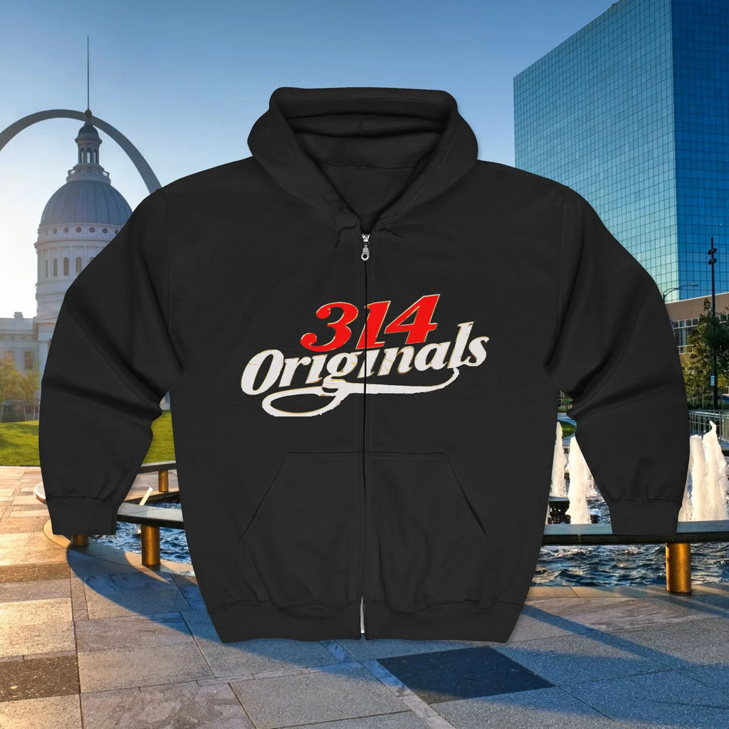 Black zip-up hoodie with '314 Originals' logo, set against urban skyline and fountain backdrop.