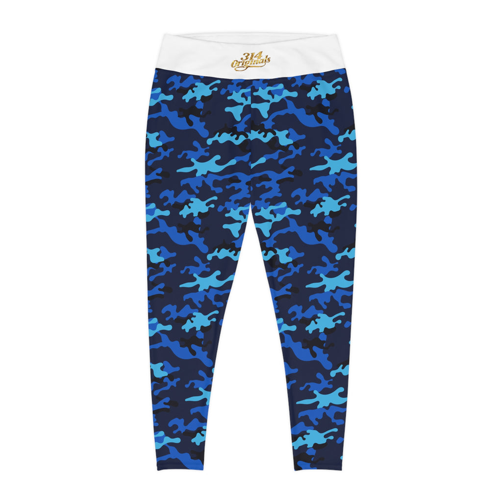 Blue Camo Plus Size Leggings — Subtle Side Script Graphic, Comfortable Everyday Activewear - 314 Originals