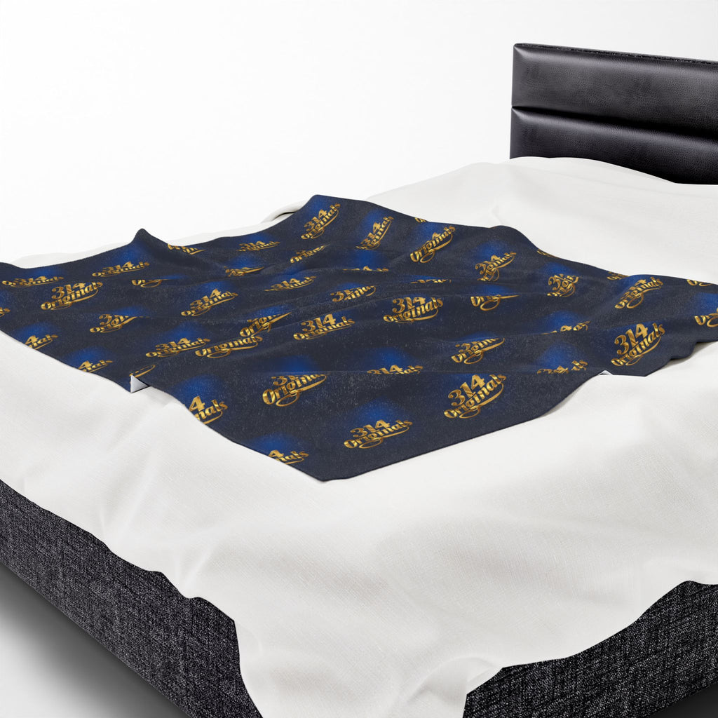 "314 Originals" Velveteen Plush Blanket – Navy Gold Repeating Logo Throw