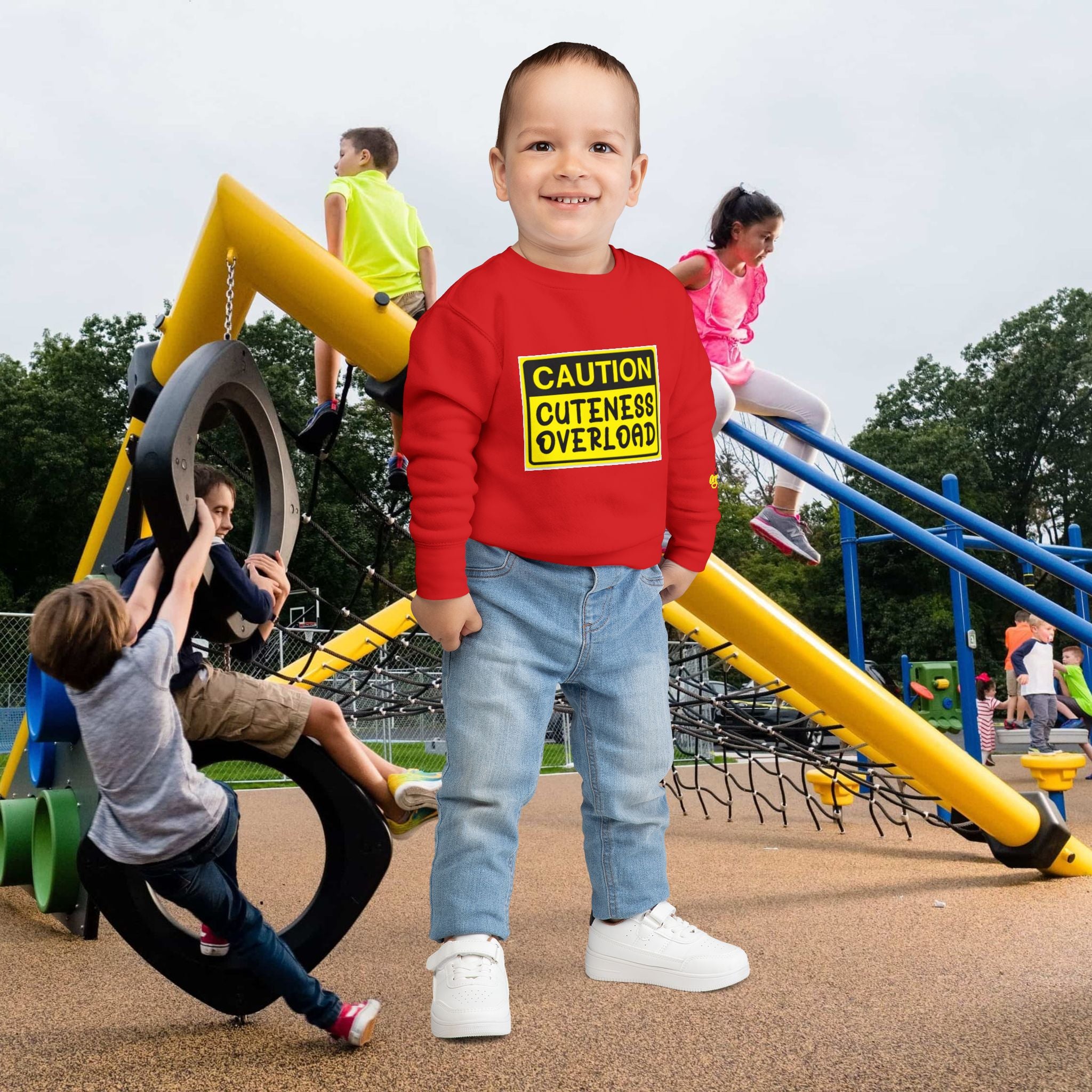 "Caution: Cuteness Overload" Kids Crewneck Toddler Sweatshirt