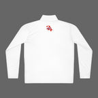 White long-sleeve shirt with a red and black logo on the chest against a white background
