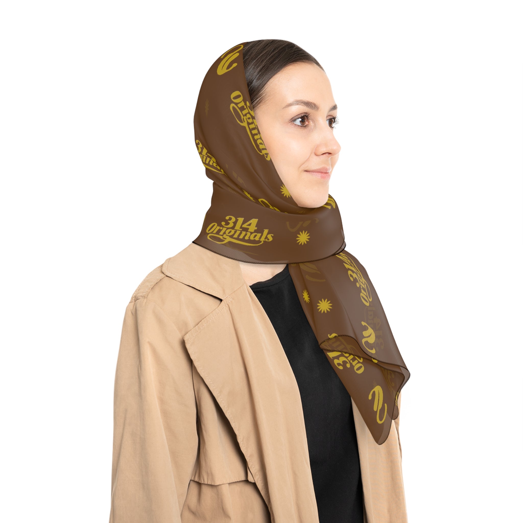 Silky Brown Logo Scarf — Gold Script Pattern Polyester Scarf - 314 Originals