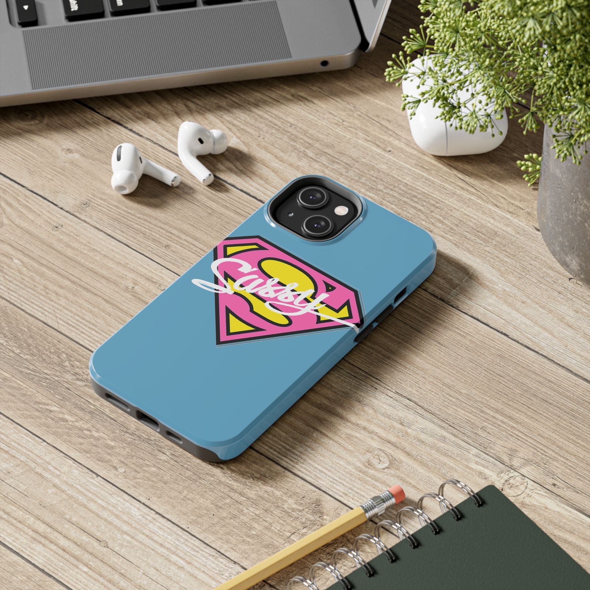 Sassy Superhero Tough Phone Case — Bold Pink & Yellow Emblem on Blue Printify Phone Case  314 Originals