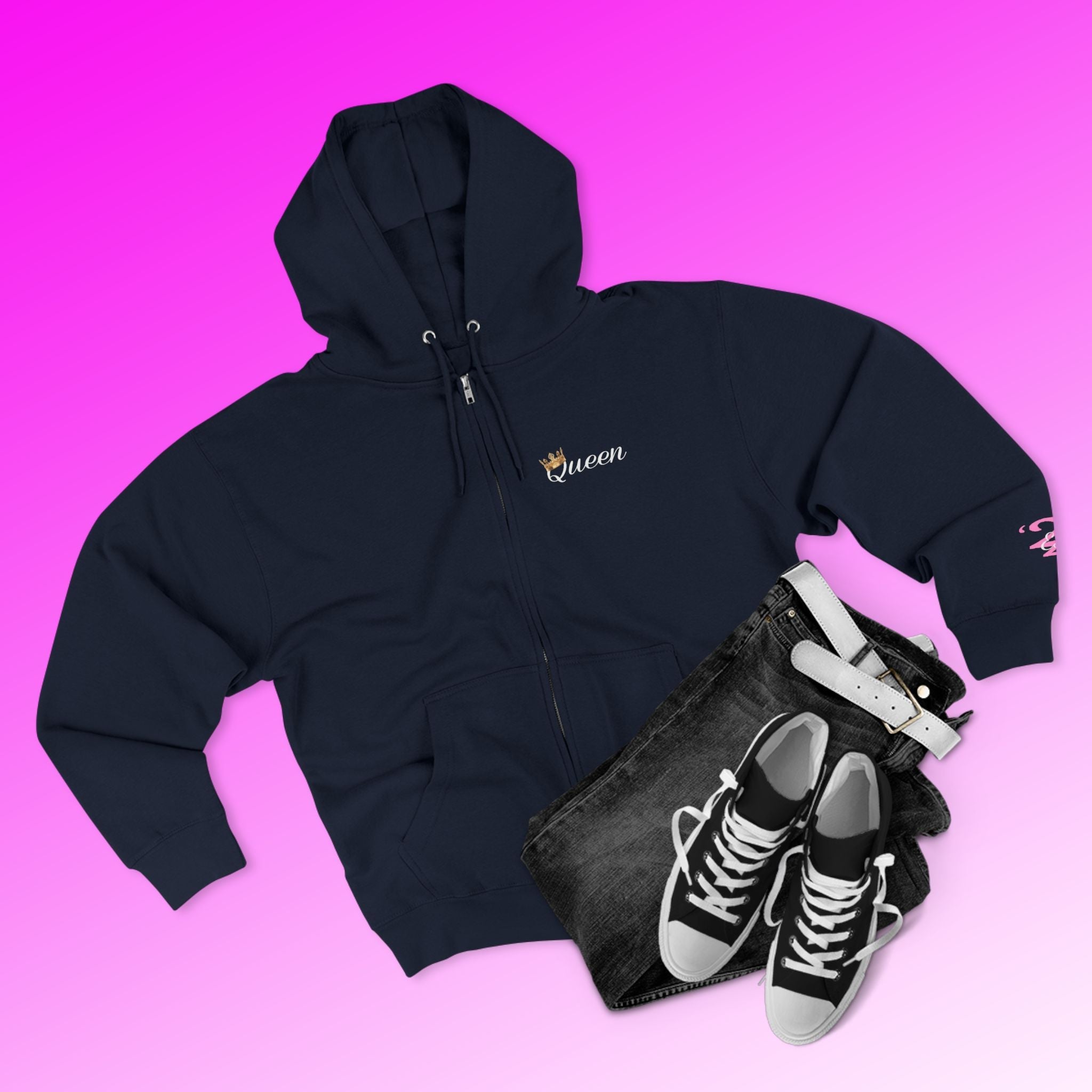 'Queen' Chest Logo Zip Hoodie — Women's Urban Streetwear Printify Hoodie  314 Originals