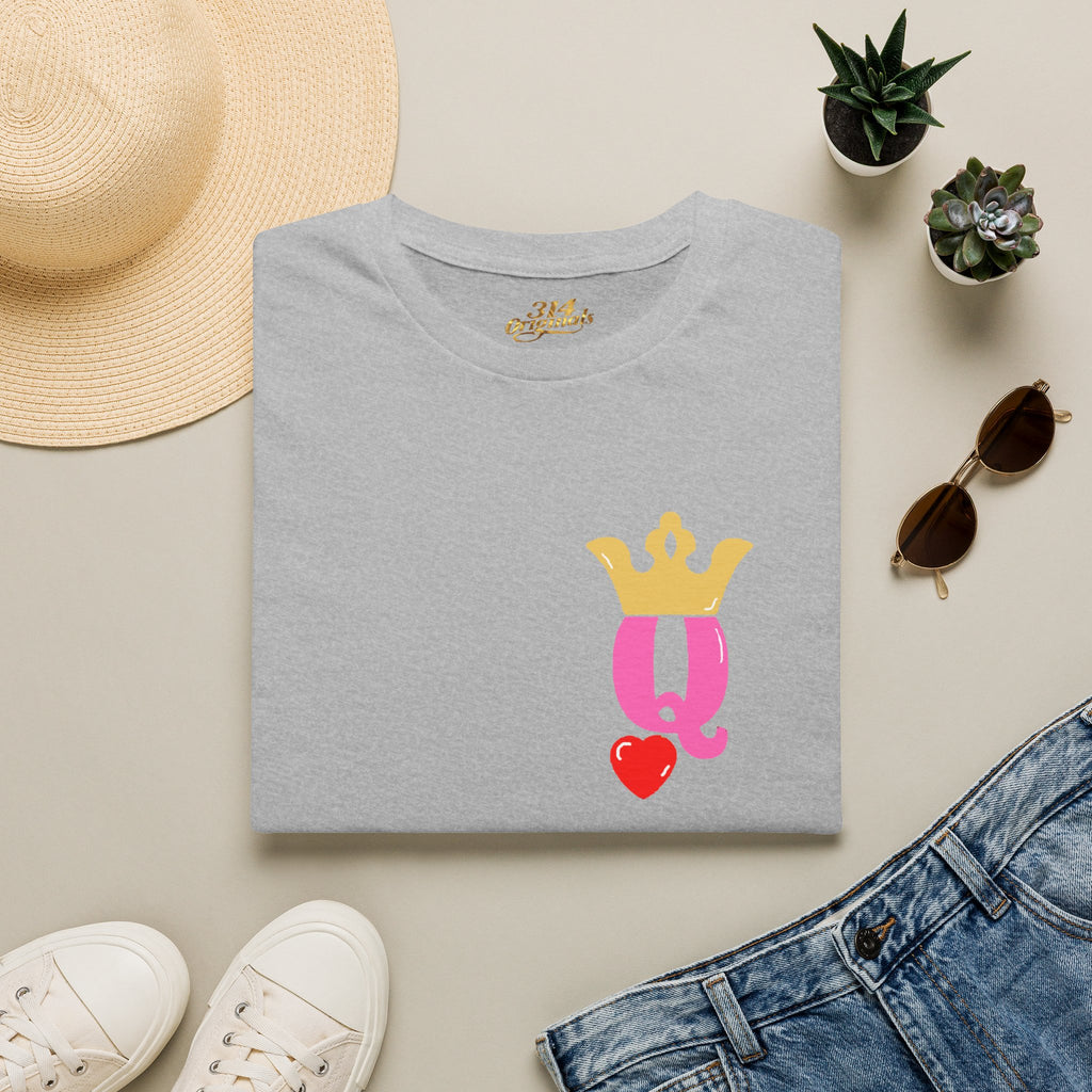 Queen Q Crown T‑Shirt — Pink & Gold Heart Logo Tee