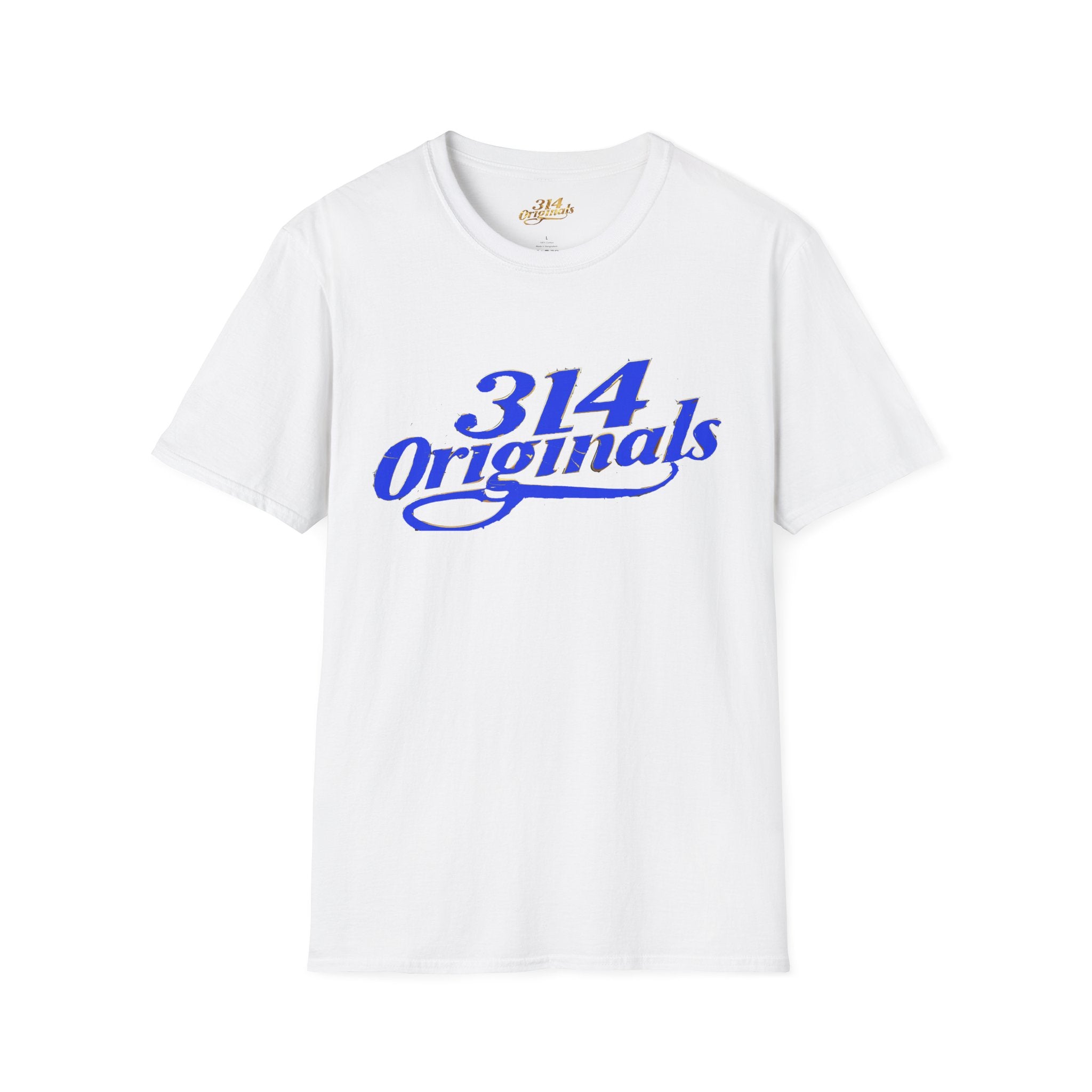 White t-shirt with blue text '314 Originals' on a white background
