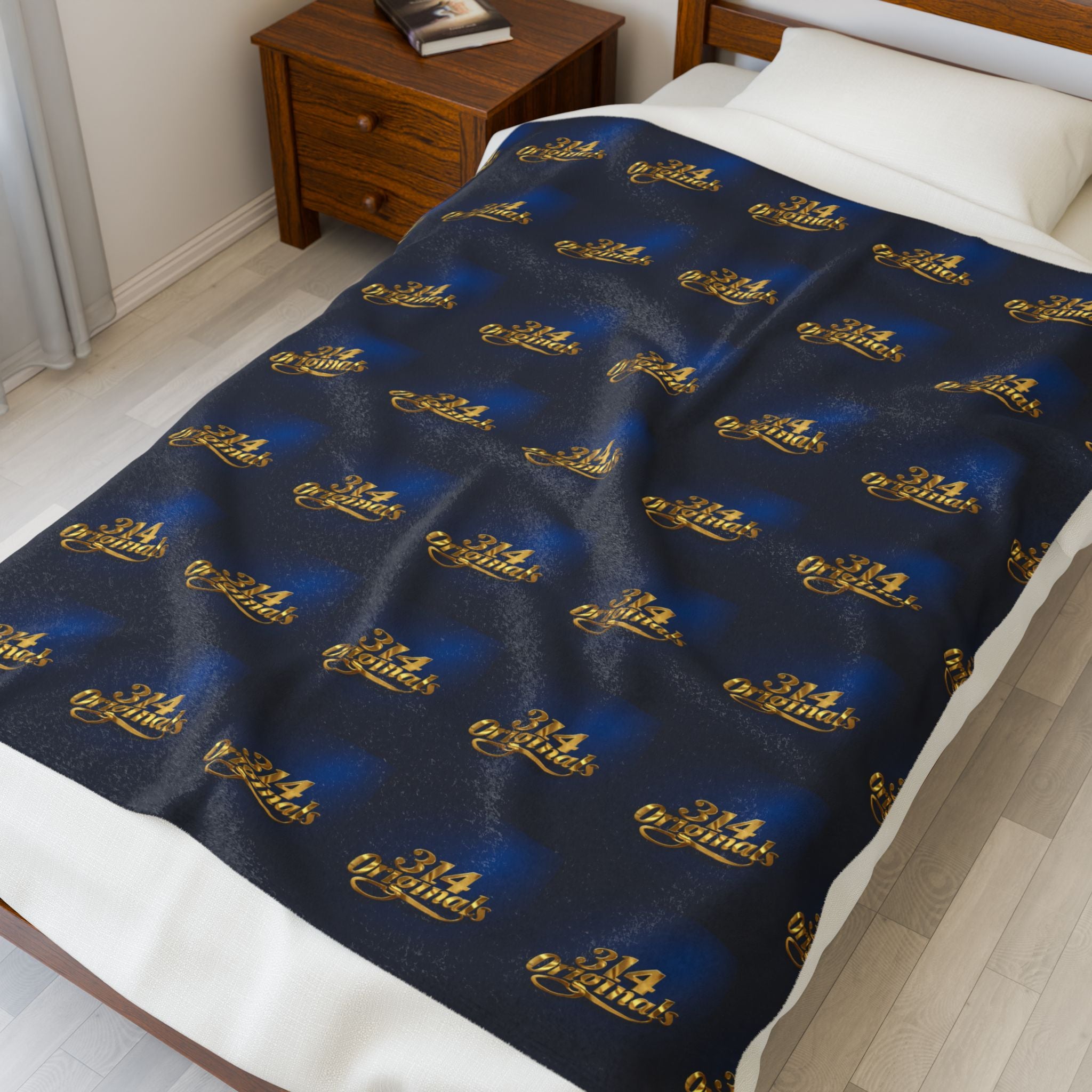 "314 Originals" Velveteen Plush Blanket – Navy Gold Repeating Logo Throw