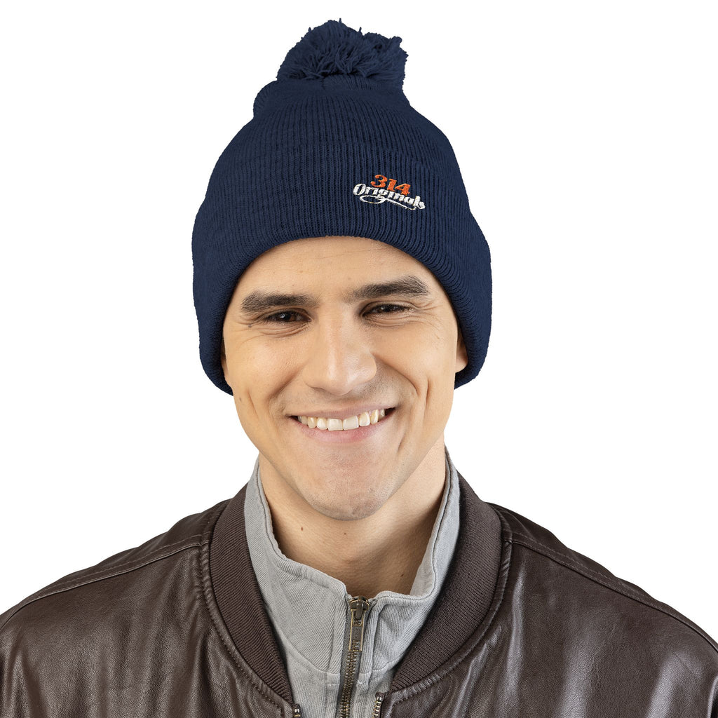 Embroidered Pom-Pom Knit Beanie – Cozy Winter Hat with Small Script Logo - 314 Originals