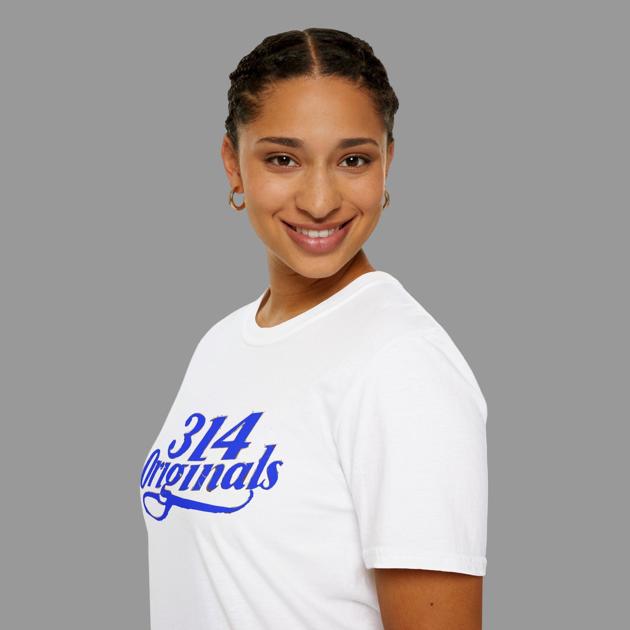 Person wearing a white t-shirt with '314 Originals' text on a white background