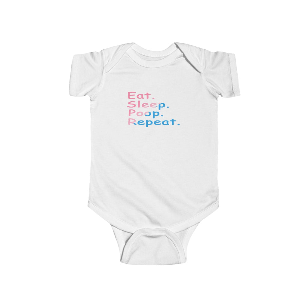 Infant Bodysuit - "Eat. Sleep. Poop. Repeat." Cute Baby Onesie (Pink & Blue Text) Printify Kids clothes  314 Originals