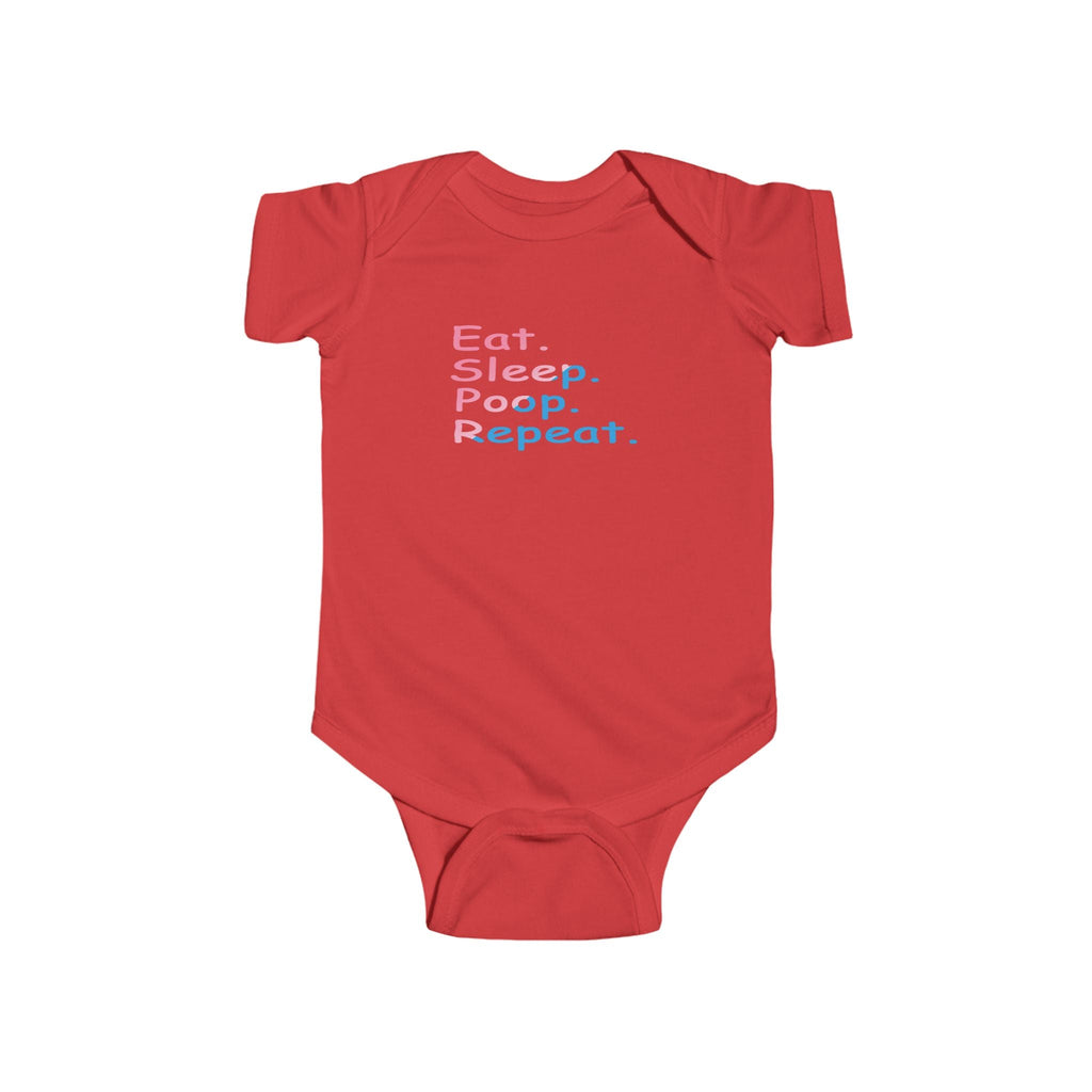 Infant Bodysuit - "Eat. Sleep. Poop. Repeat." Cute Baby Onesie (Pink & Blue Text) Printify Kids clothes  314 Originals
