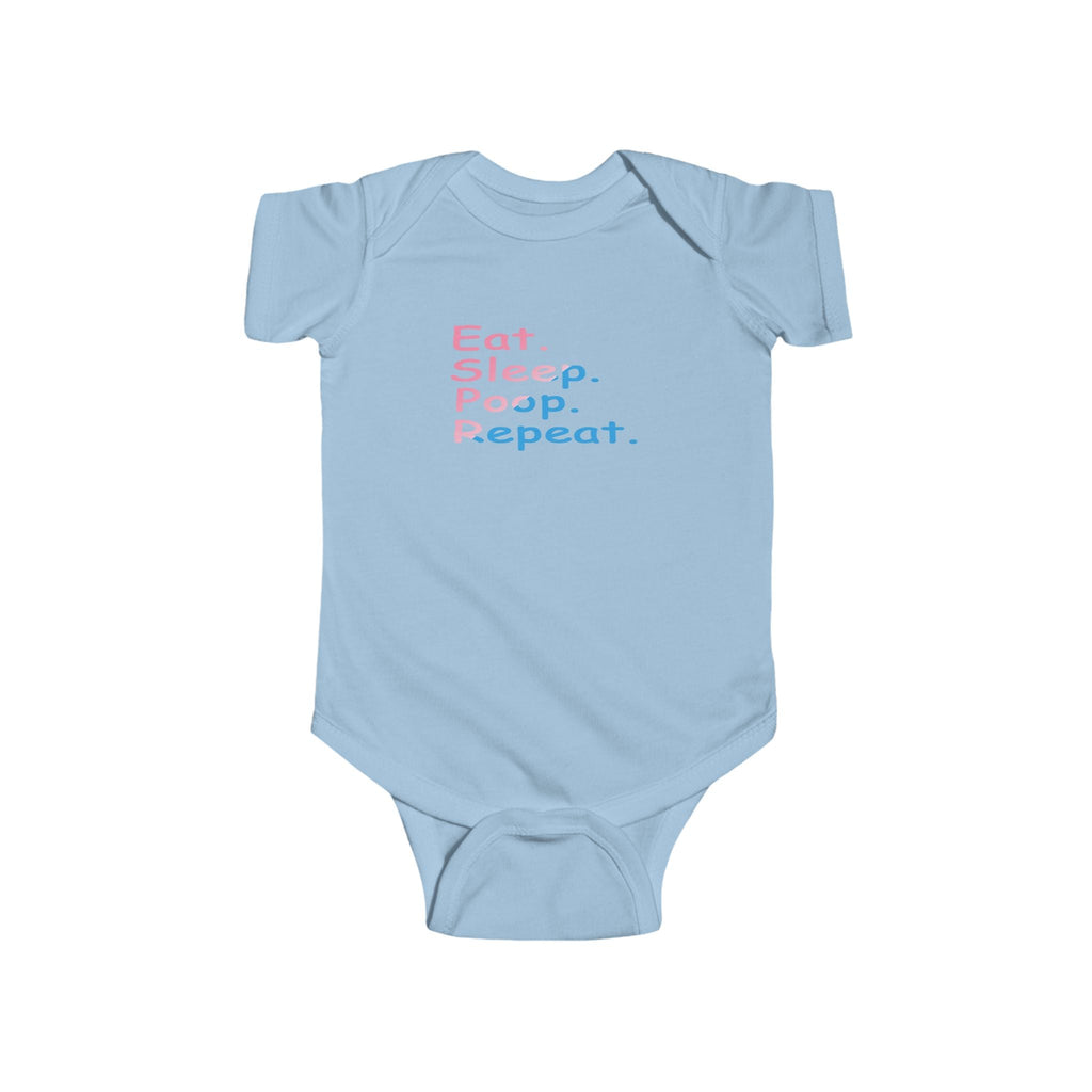 Infant Bodysuit - "Eat. Sleep. Poop. Repeat." Cute Baby Onesie (Pink & Blue Text) Printify Kids clothes  314 Originals