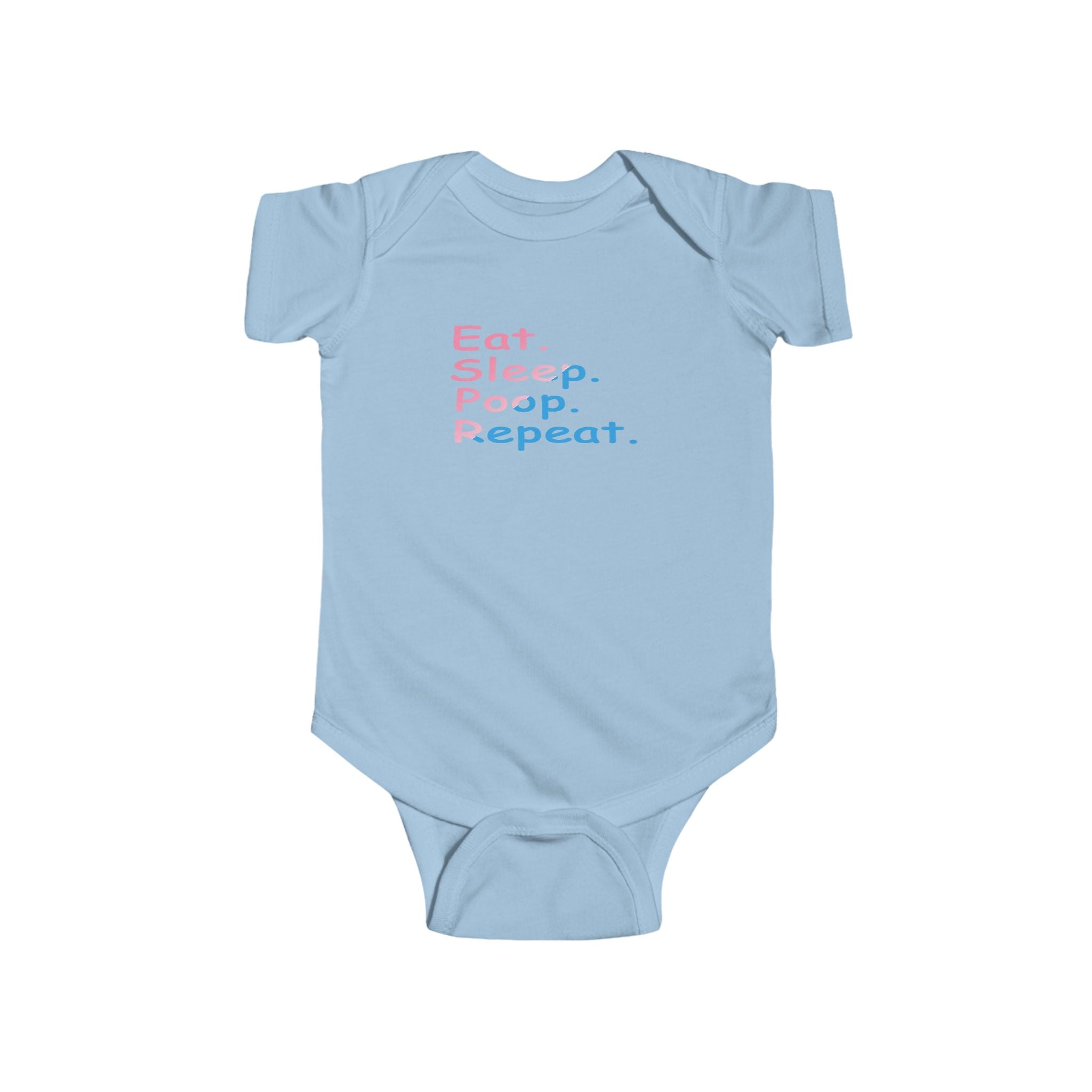 Infant Bodysuit - "Eat. Sleep. Poop. Repeat." Cute Baby Onesie (Pink & Blue Text) Printify Kids clothes  314 Originals