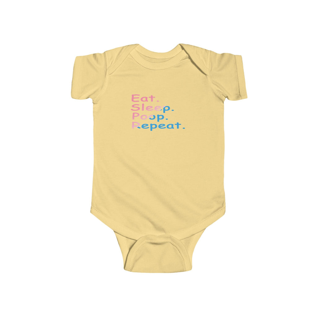 Infant Bodysuit - "Eat. Sleep. Poop. Repeat." Cute Baby Onesie (Pink & Blue Text) Printify Kids clothes  314 Originals