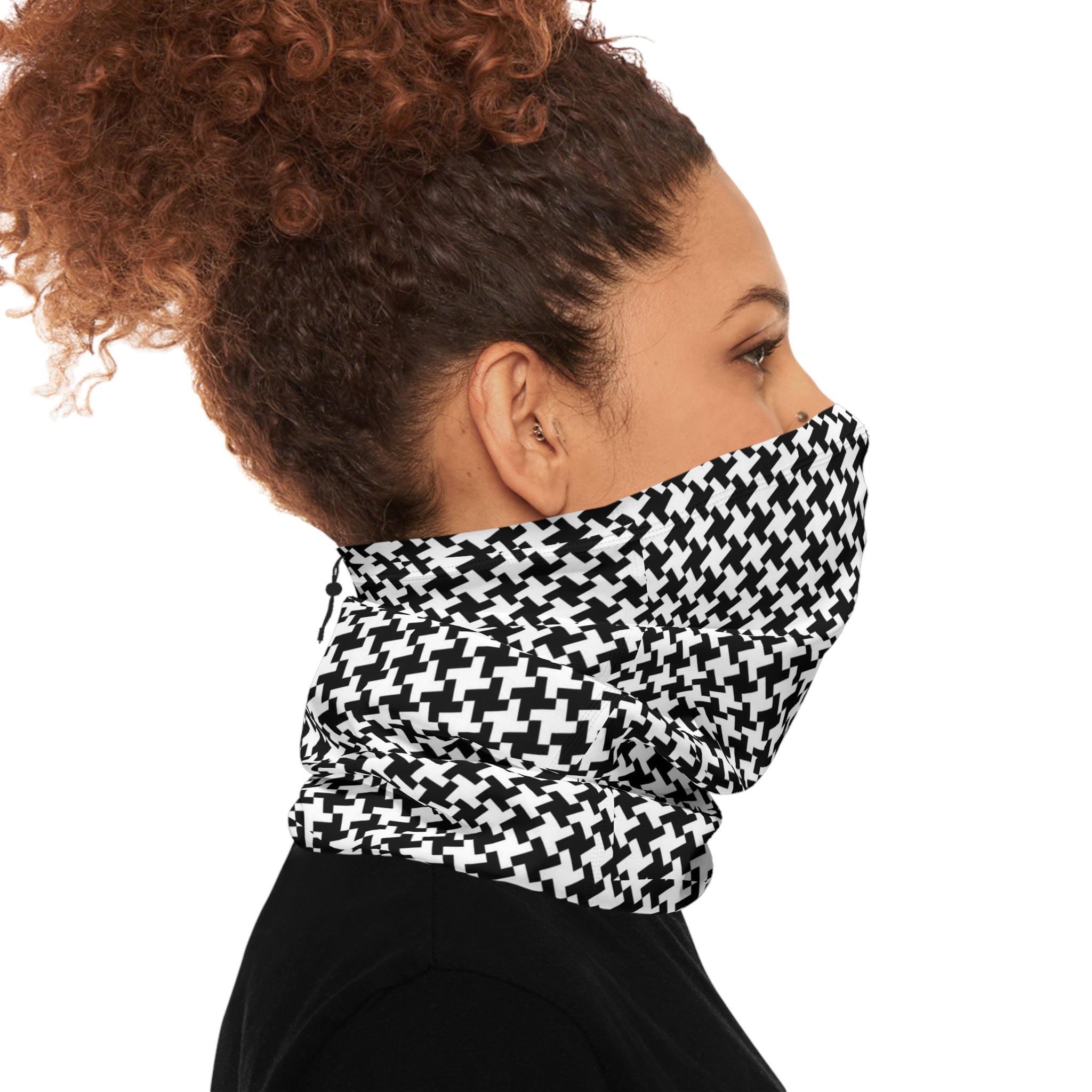 Houndstooth Winter Neck Gaiter with Drawstring — Cozy Black & White Face Scarf - 314 Originals