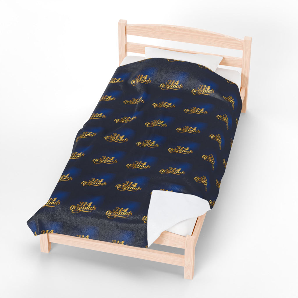 "314 Originals" Velveteen Plush Blanket – Navy Gold Repeating Logo Throw