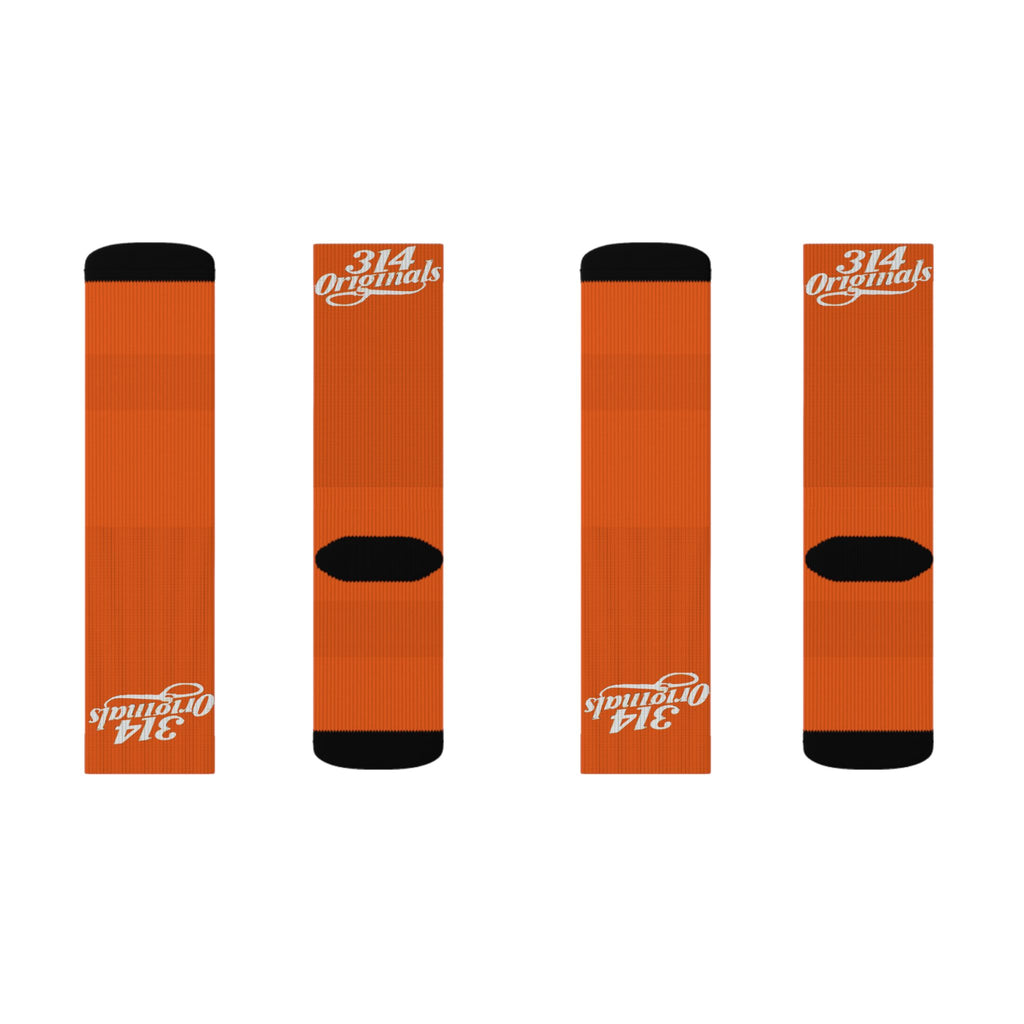 Orange Sublimation Socks with '314 Originals' Script — Athletic Crew Socks - 314 Originals