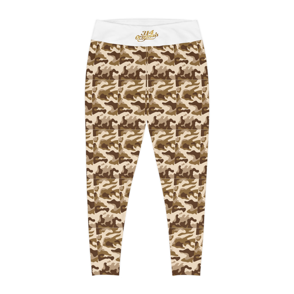 Brown Camo Plus Size Leggings — Subtle Side Script Graphic, Comfortable Everyday Activewear - 314 Originals