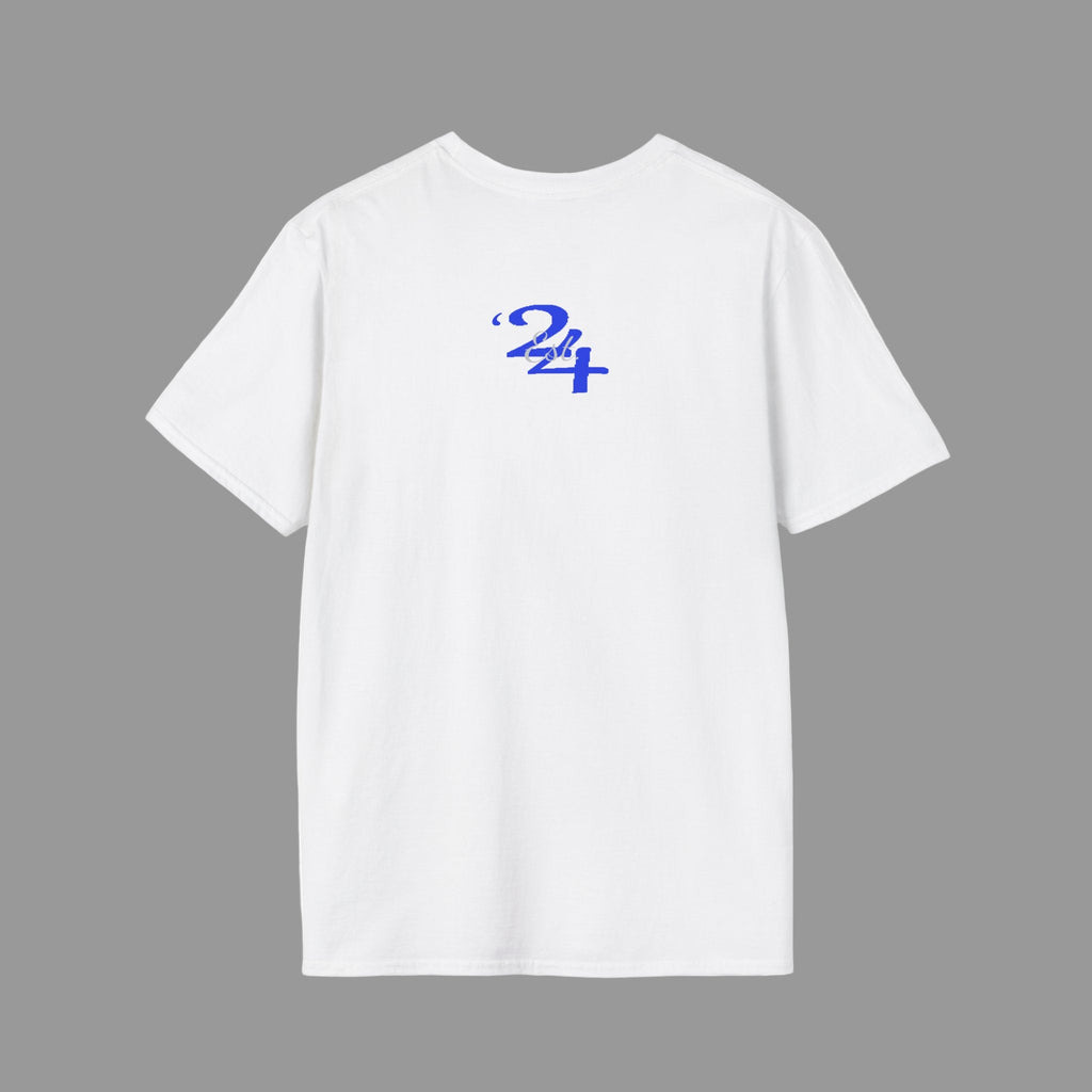 White t-shirt with a blue logo on the back against a white background