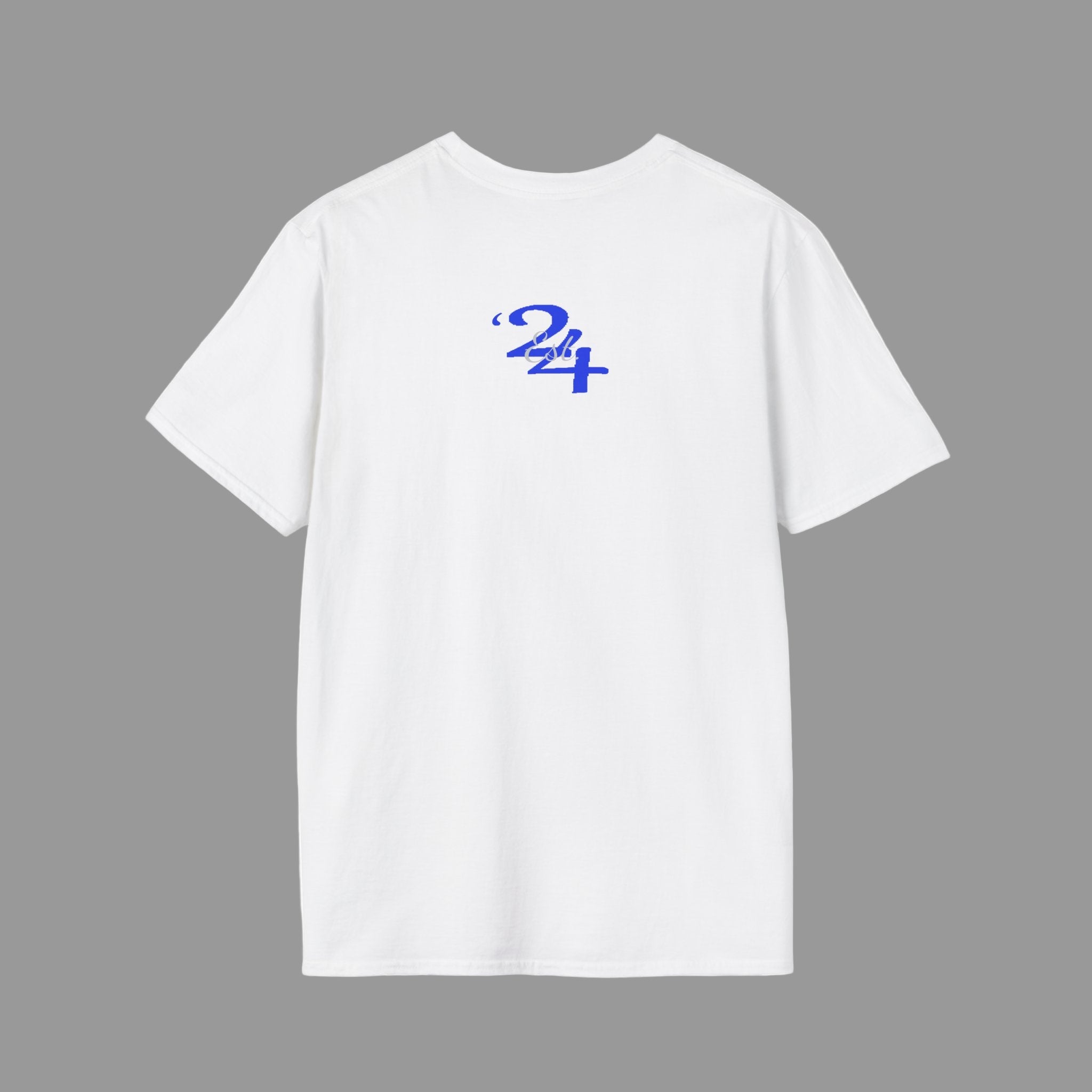 White t-shirt with a blue logo on the back against a white background
