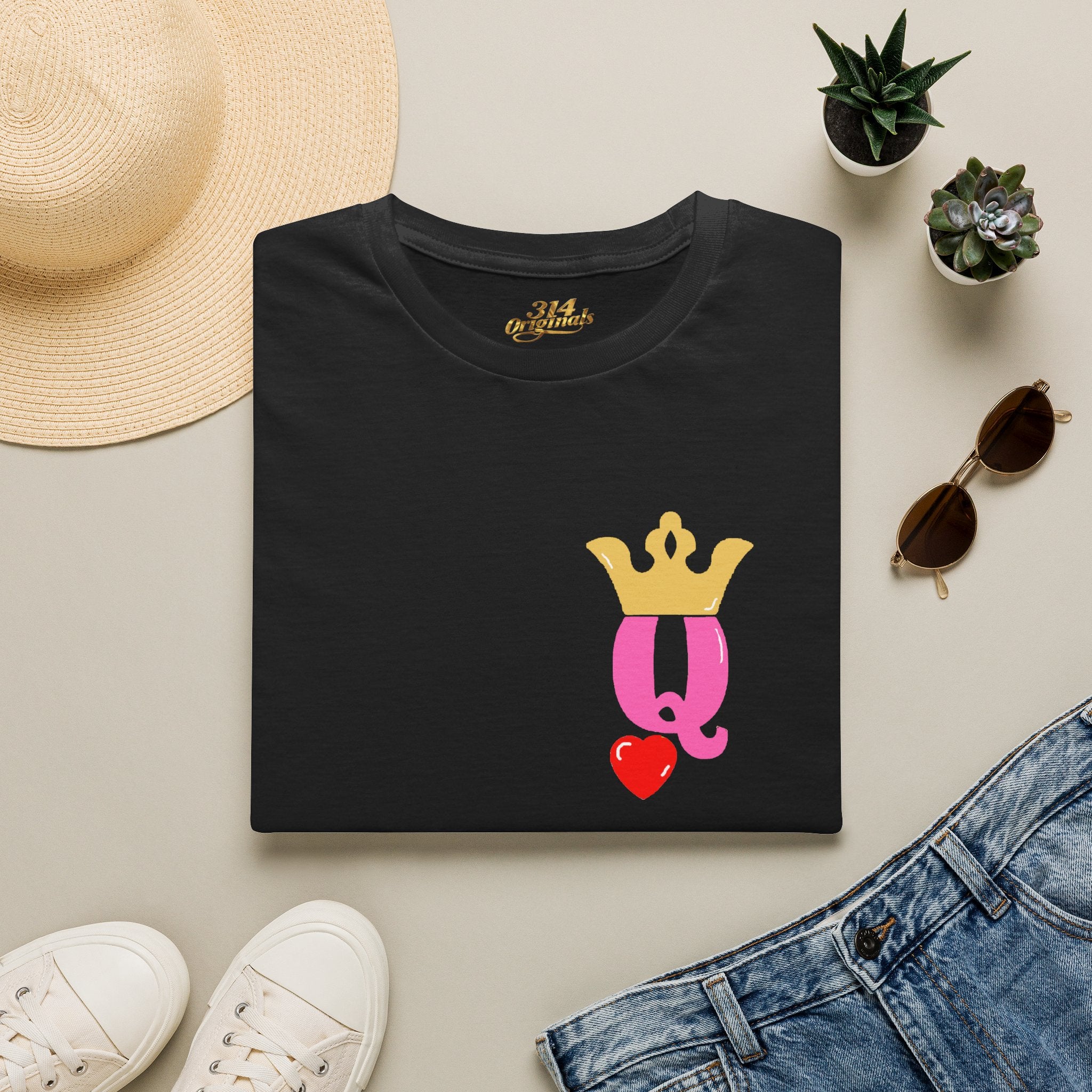 Queen Q Crown T‑Shirt — Pink & Gold Heart Logo Tee