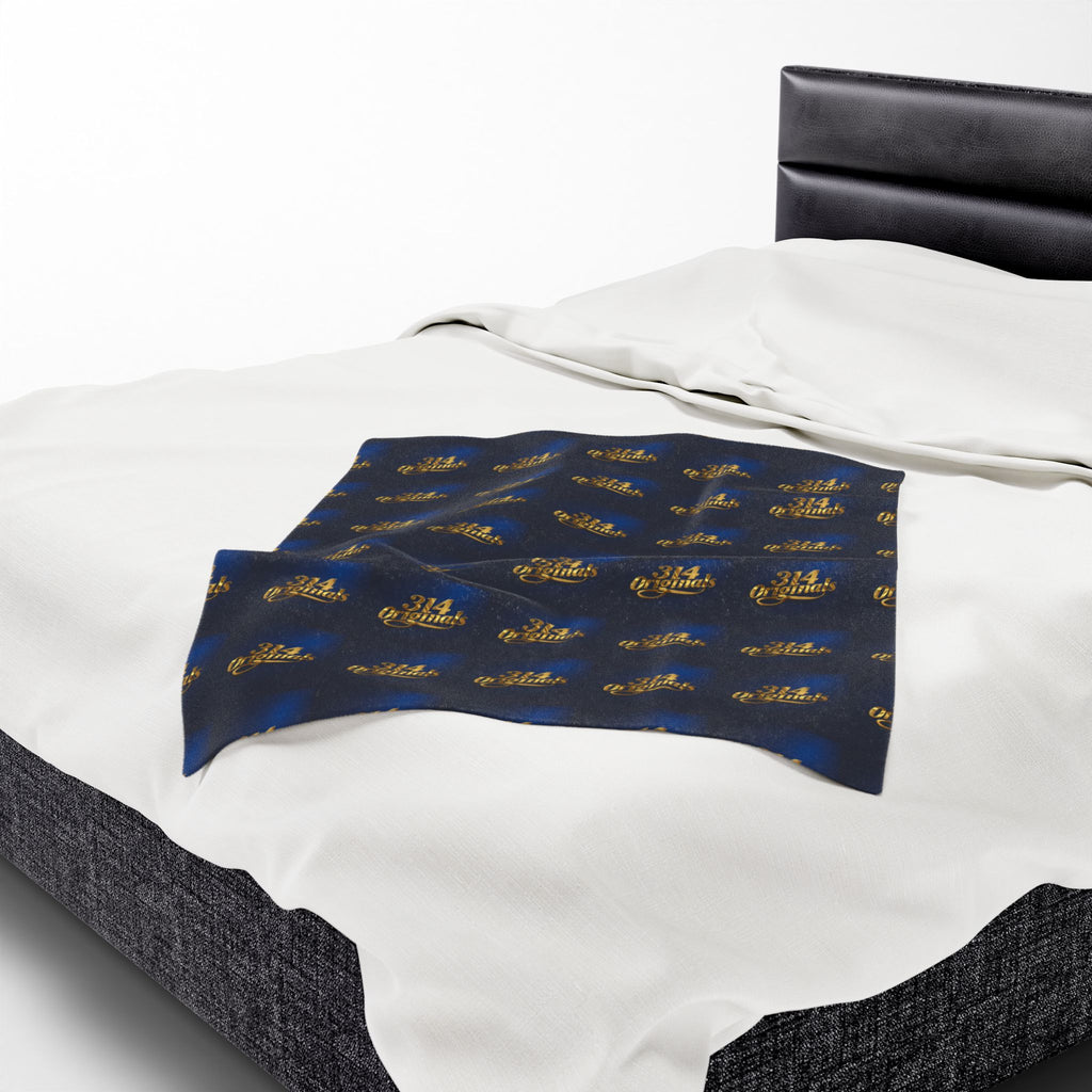 "314 Originals" Velveteen Plush Blanket – Navy Gold Repeating Logo Throw