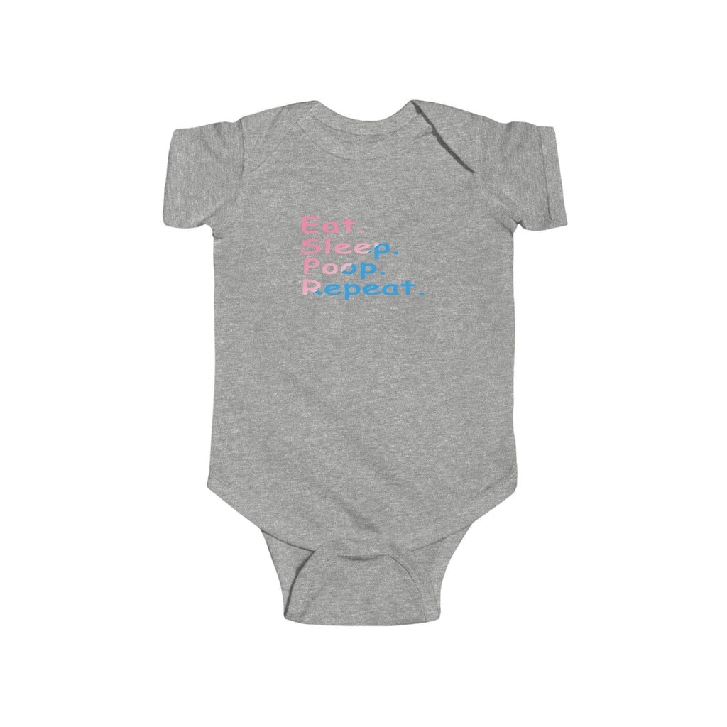 Infant Bodysuit - "Eat. Sleep. Poop. Repeat." Cute Baby Onesie (Pink & Blue Text) Printify Kids clothes  314 Originals