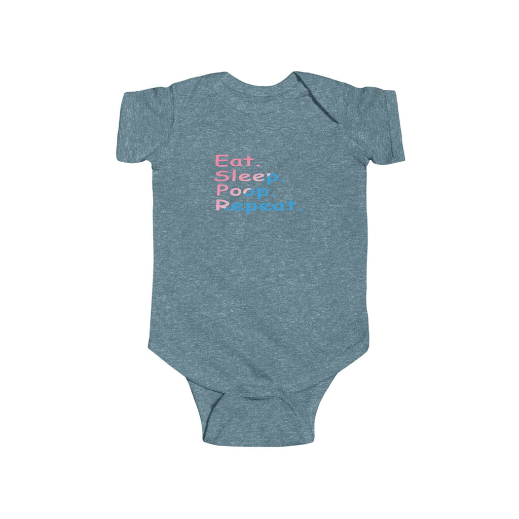 Infant Bodysuit - "Eat. Sleep. Poop. Repeat." Cute Baby Onesie (Pink & Blue Text) Printify Kids clothes  314 Originals