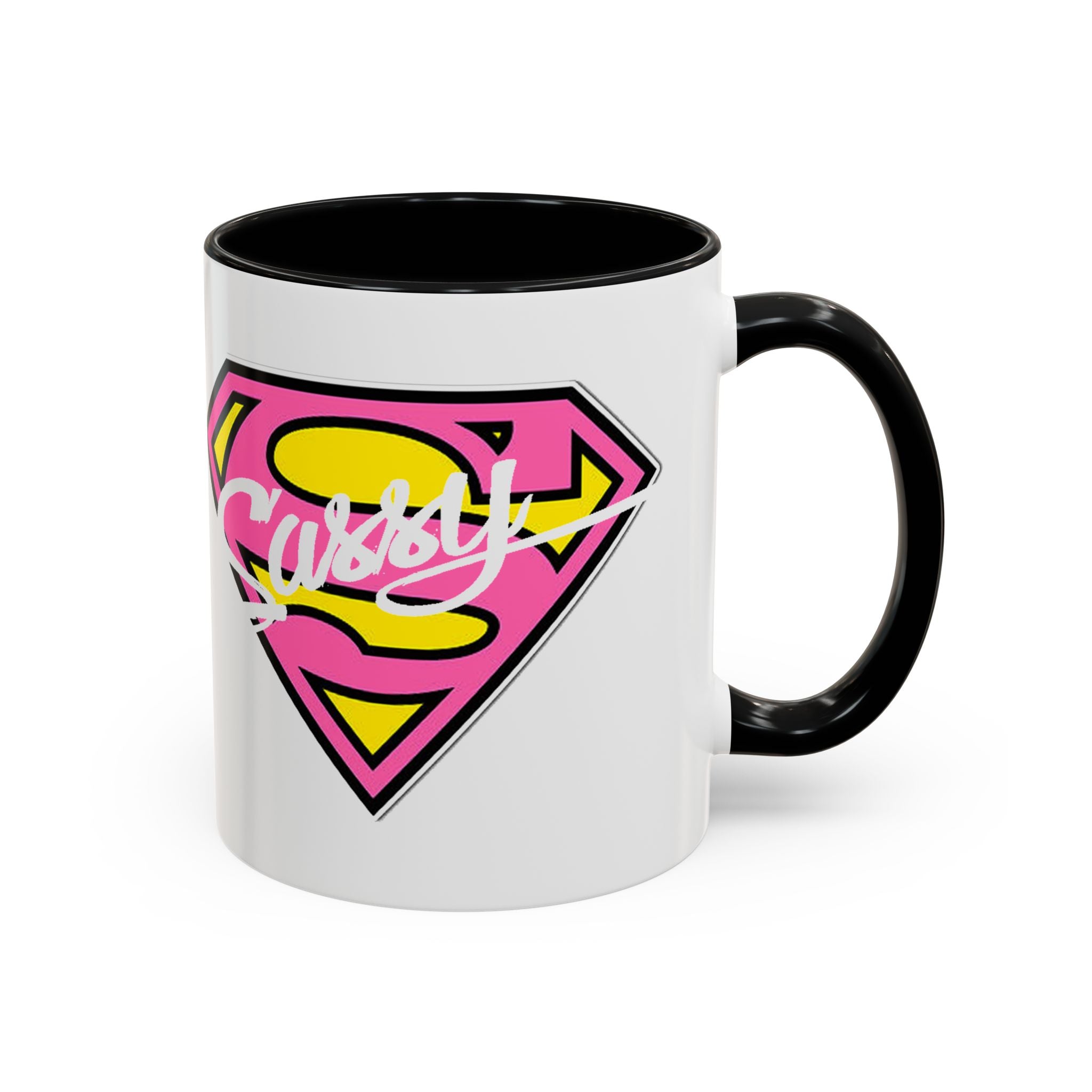 Sassy Supergirl Accent Coffee Mug – Pink & Yellow Super S Logo (11/15oz) - 314 Originals