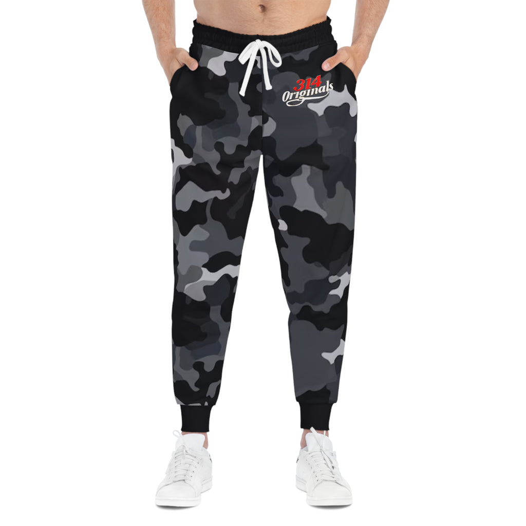 Black Camo 314 Originals Athletic Joggers – Retro Script Logo Sweatpants