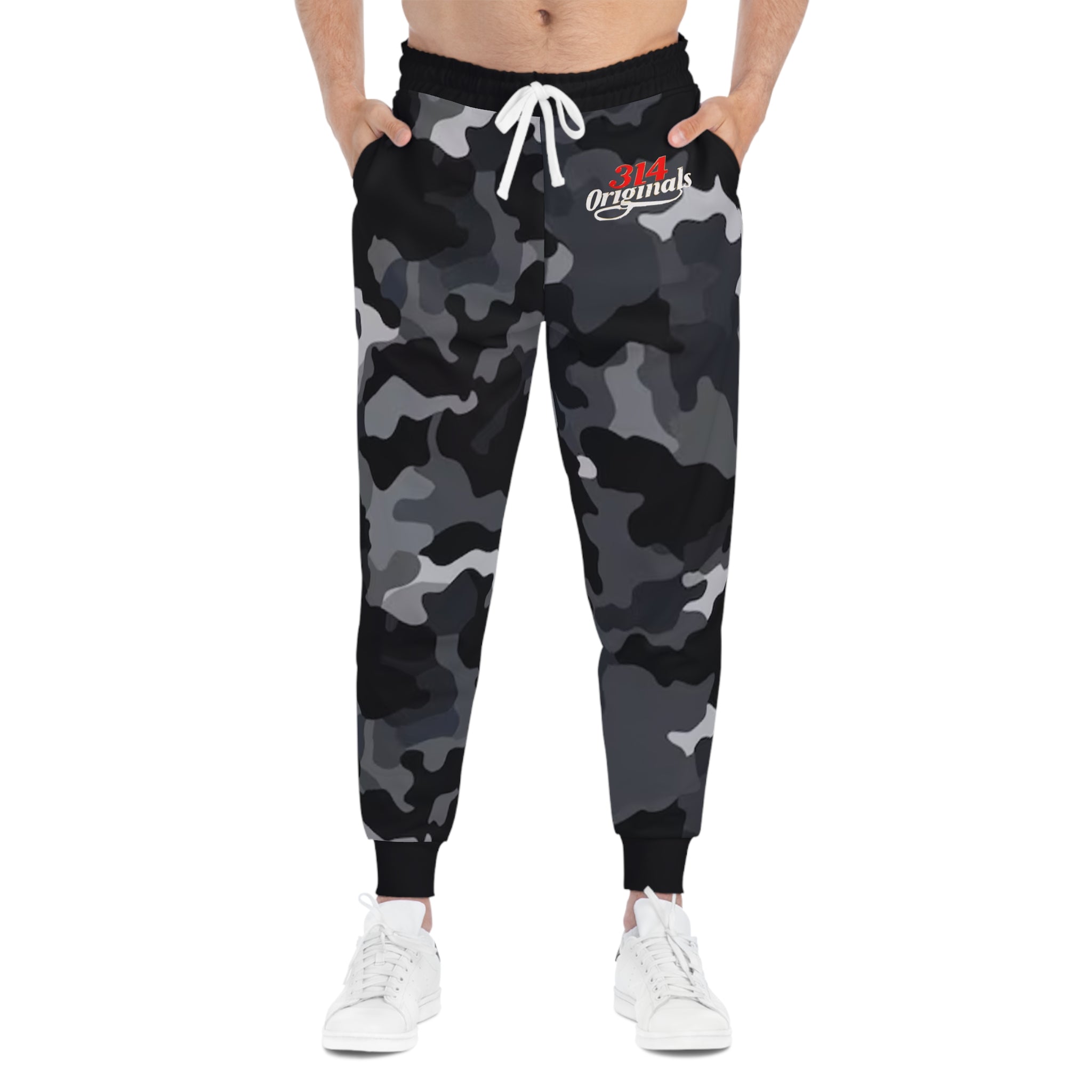 Black Camo 314 Originals Athletic Joggers – Retro Script Logo Sweatpants