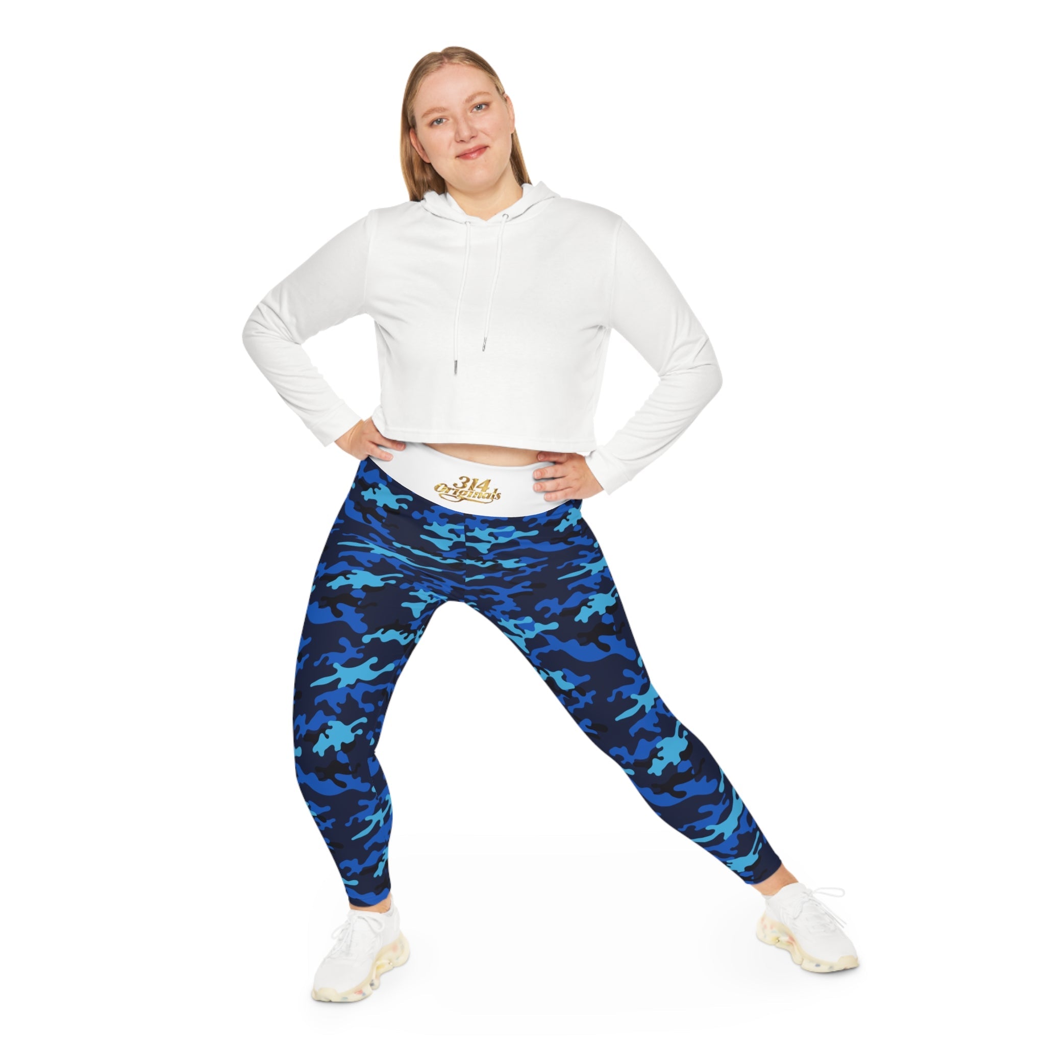 Blue Camo Plus Size Leggings — Subtle Side Script Graphic, Comfortable Everyday Activewear - 314 Originals