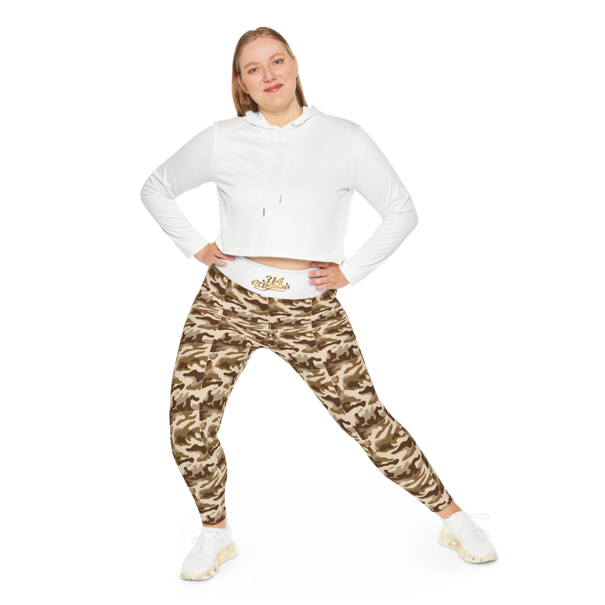 Brown Camo Plus Size Leggings — Subtle Side Script Graphic, Comfortable Everyday Activewear - 314 Originals