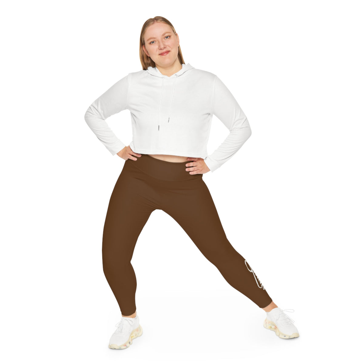 Brown Plus Size Leggings — Subtle Side Script Graphic, Comfortable Everyday Activewear - 314 Originals
