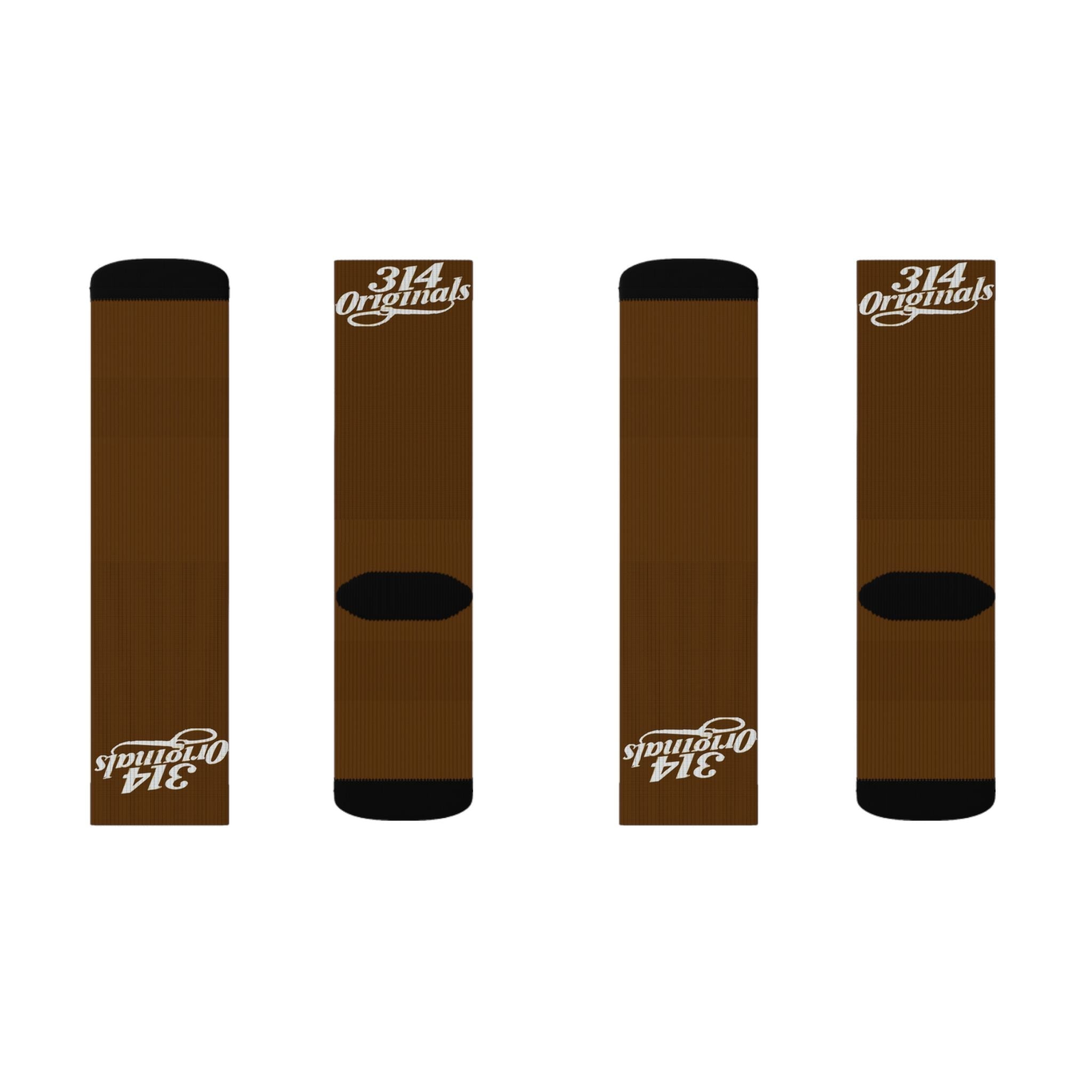 Brown Sublimation Socks with '314 Originals' Script — Athletic Crew Socks - 314 Originals